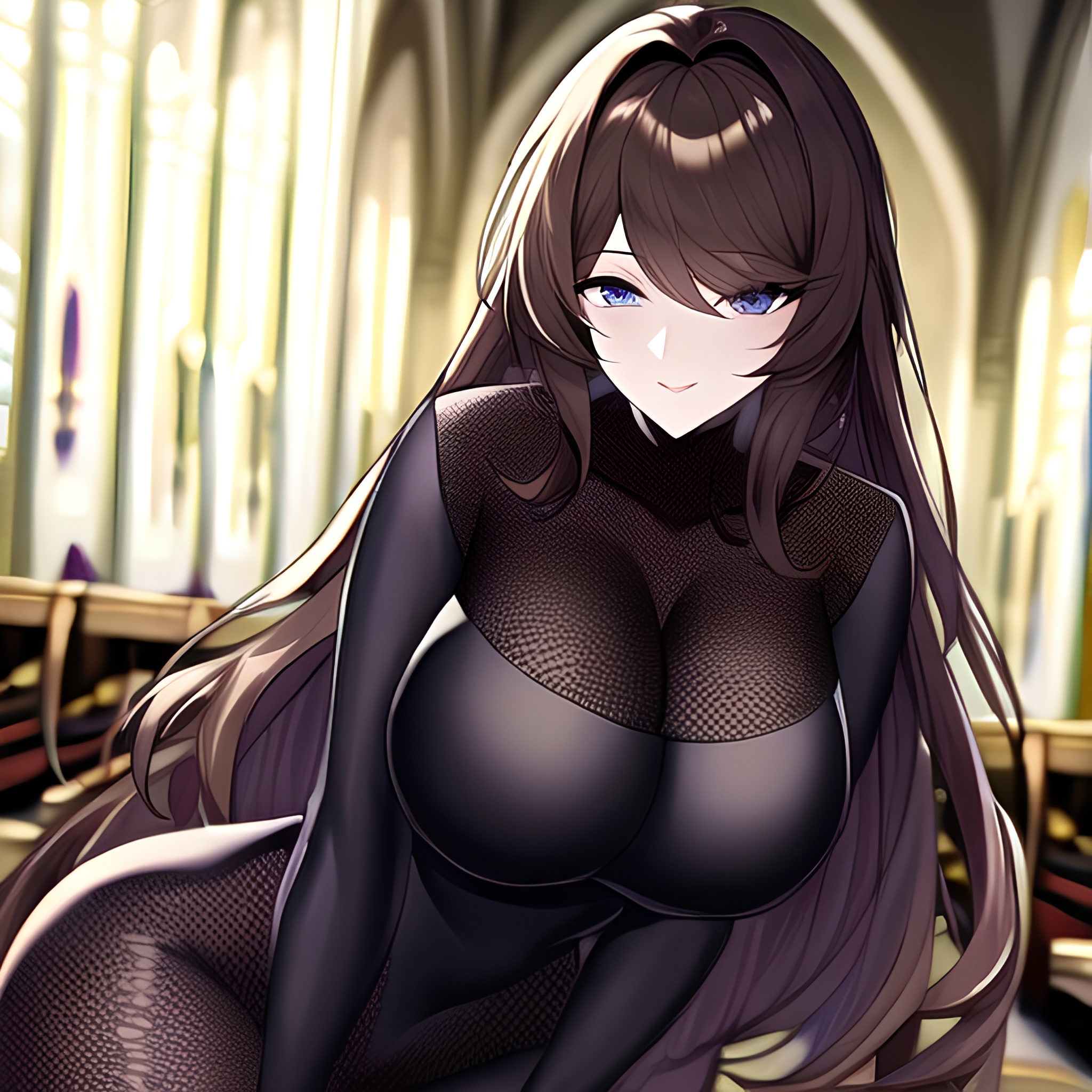 church messy hair brunette woman long hair fishnet 