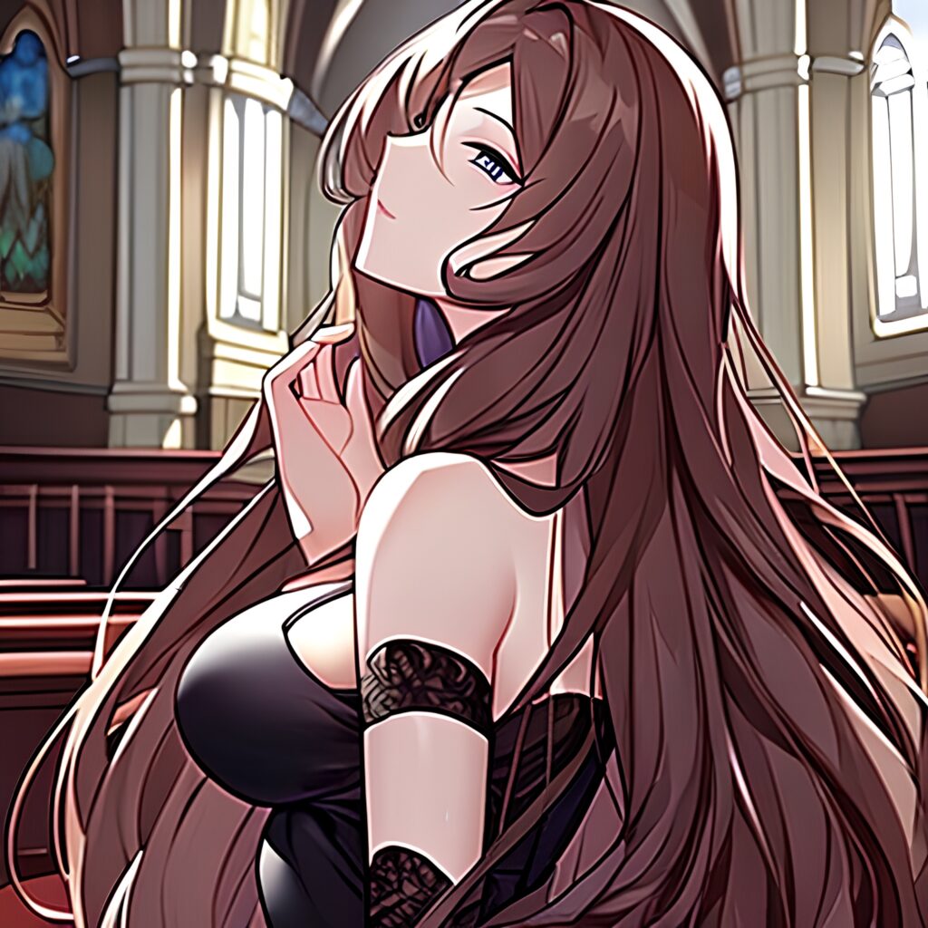 church messy hair fishnet brunette long hair woman 