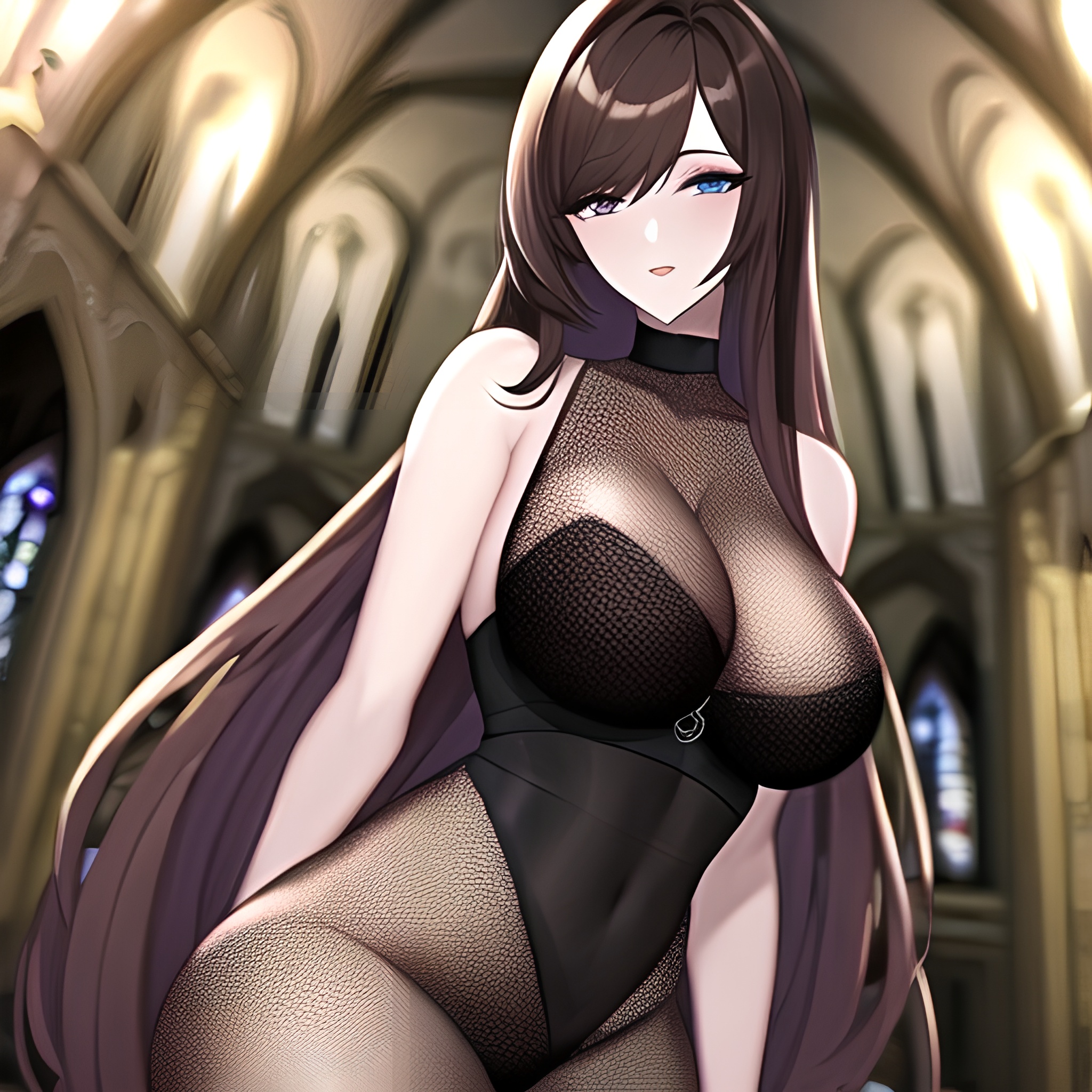 church messy hair fishnet brunette woman long hair 