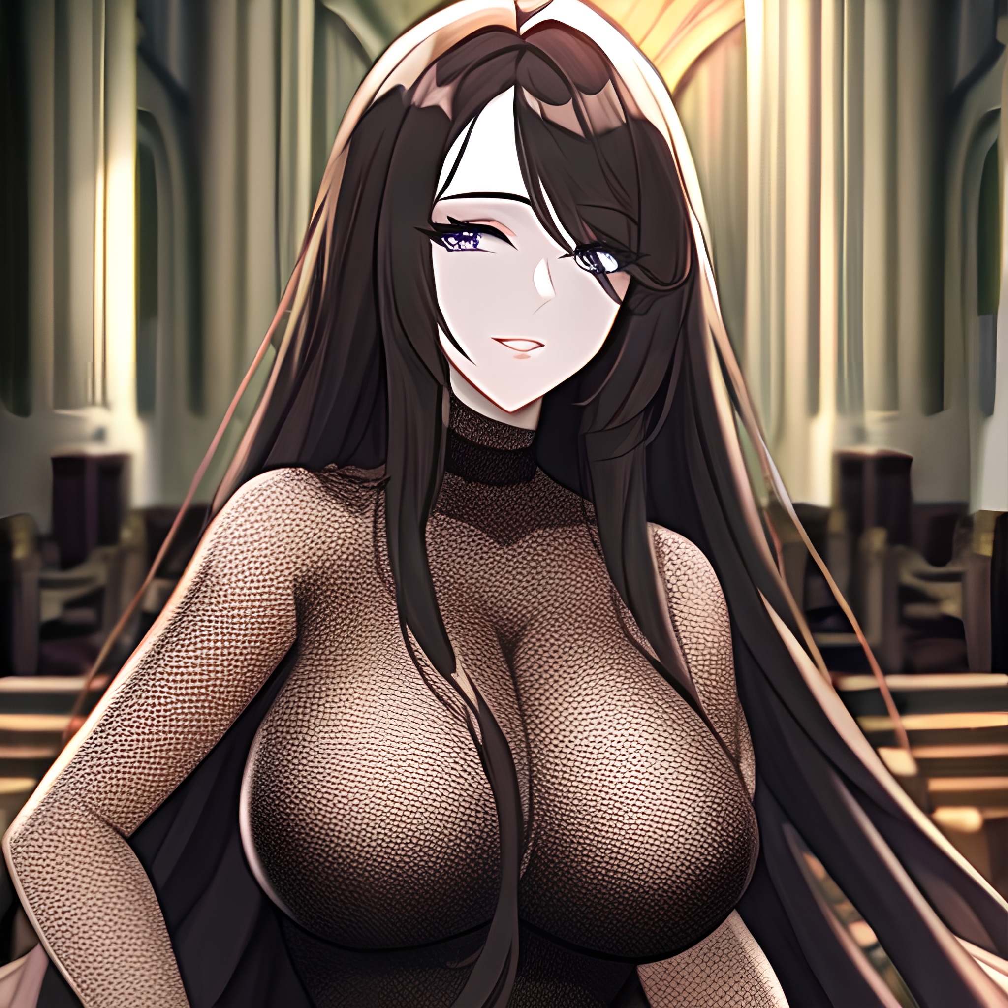 church messy hair fishnet long hair brunette woman