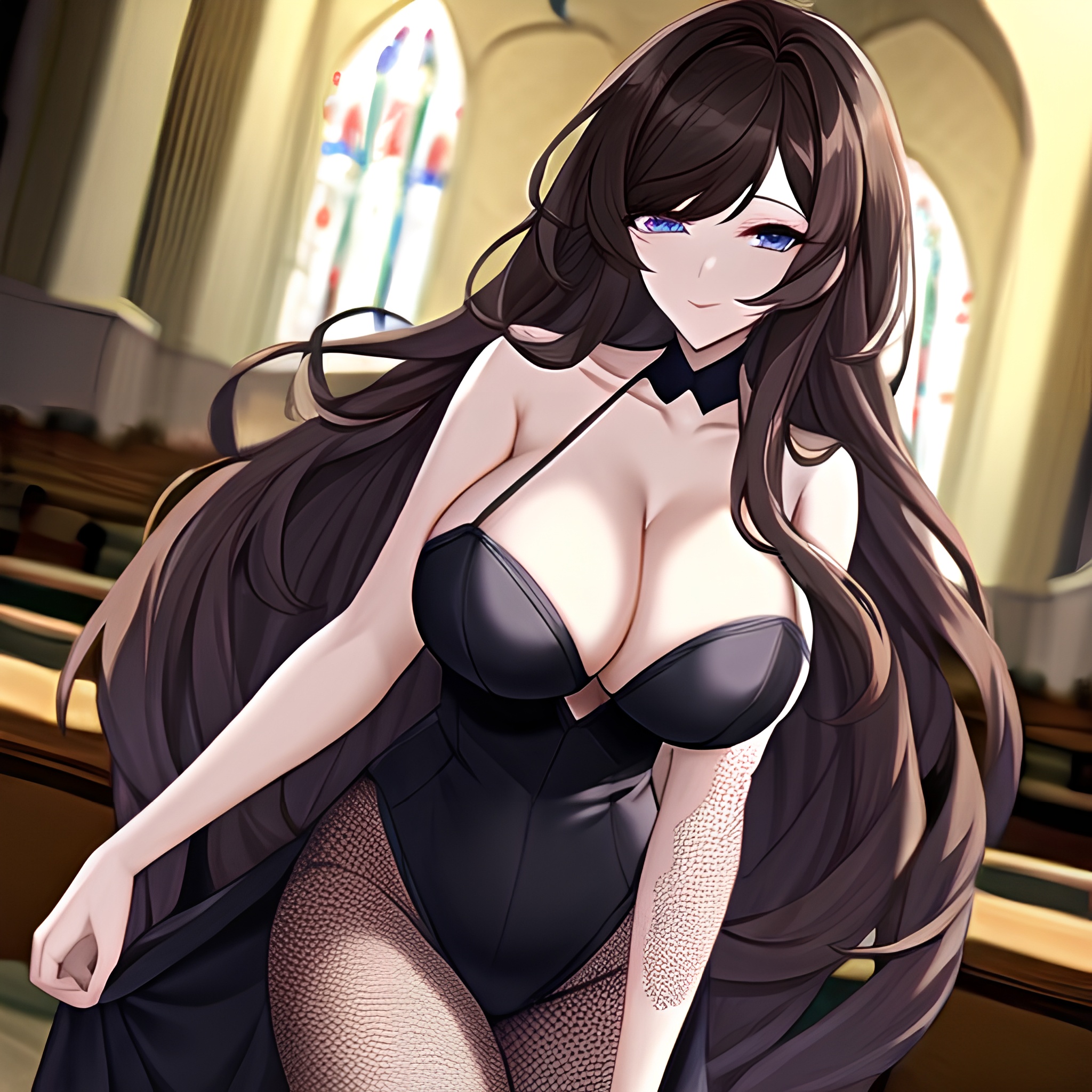 church messy hair fishnet long hair woman brunette
