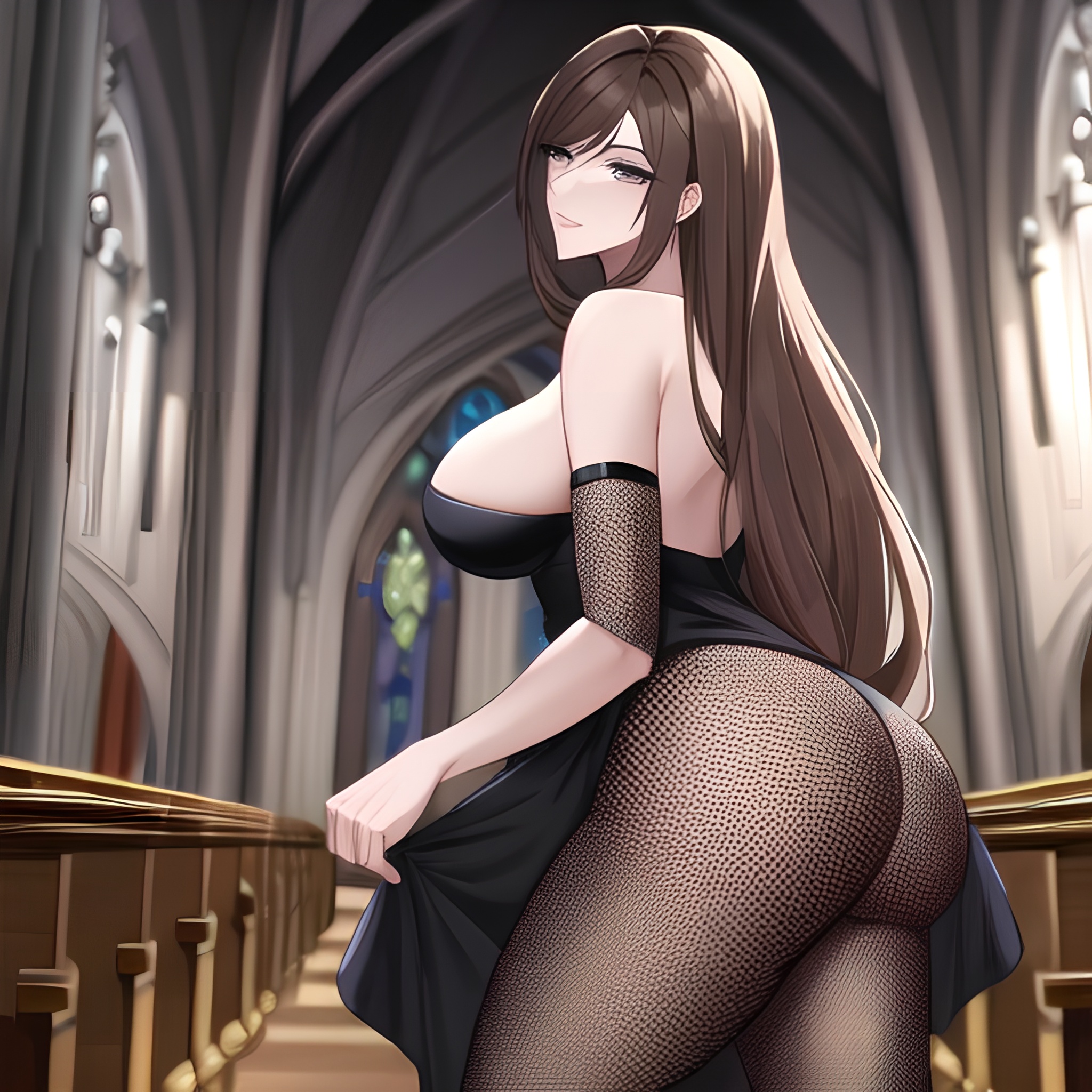 church messy hair fishnet woman brunette long hair 