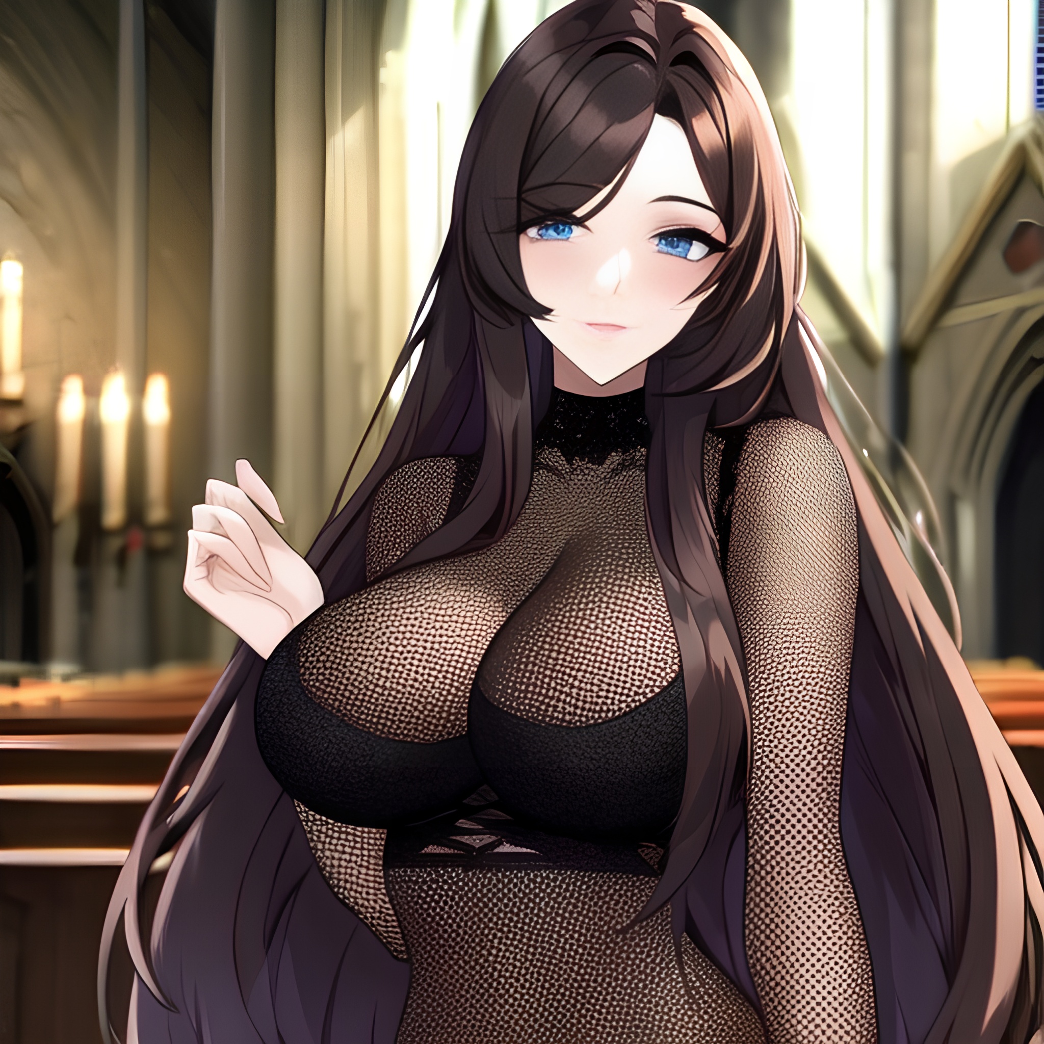 church messy hair fishnet woman long hair brunette