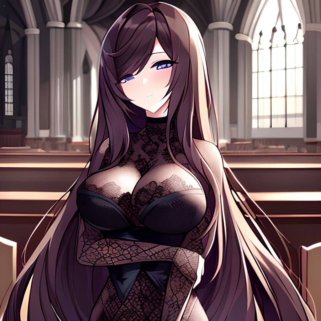 church messy hair long hair brunette fishnet woman 