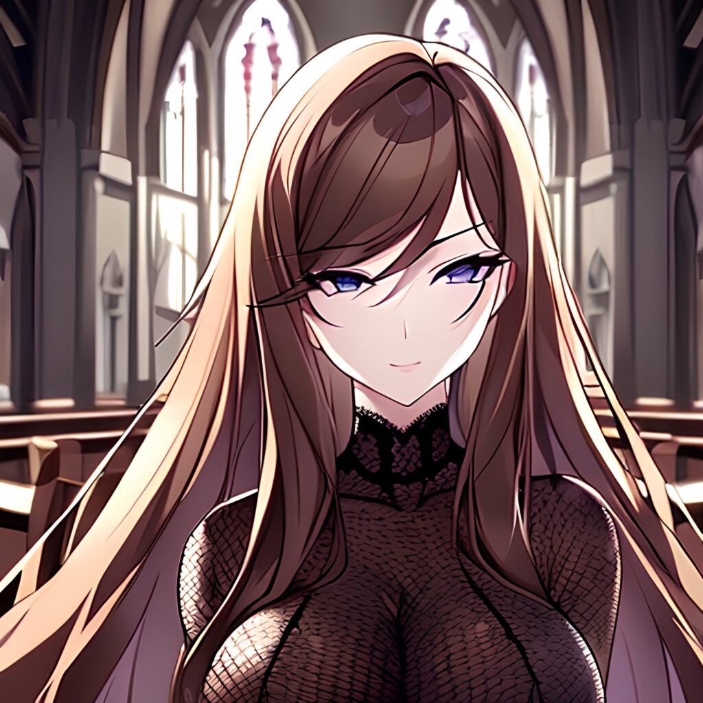 church messy hair long hair brunette fishnet woman 