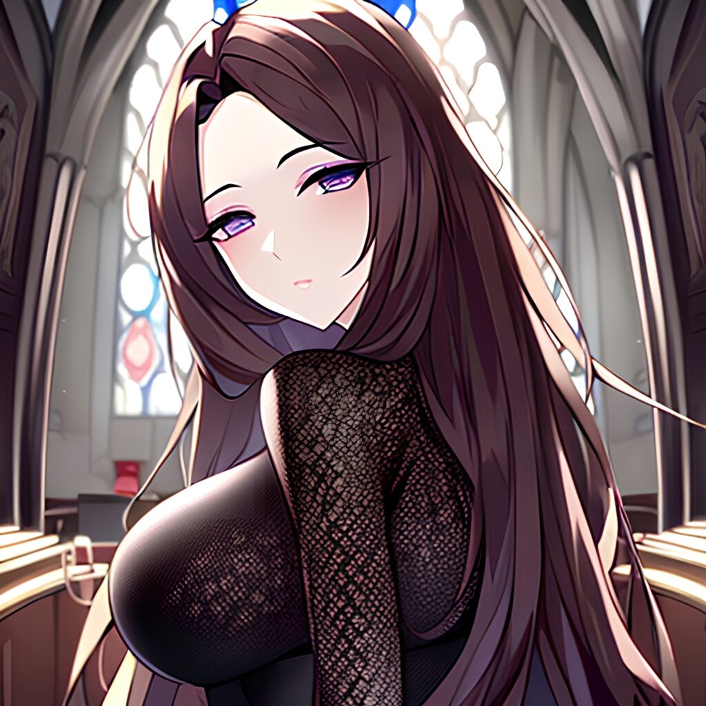 church messy hair long hair brunette fishnet woman