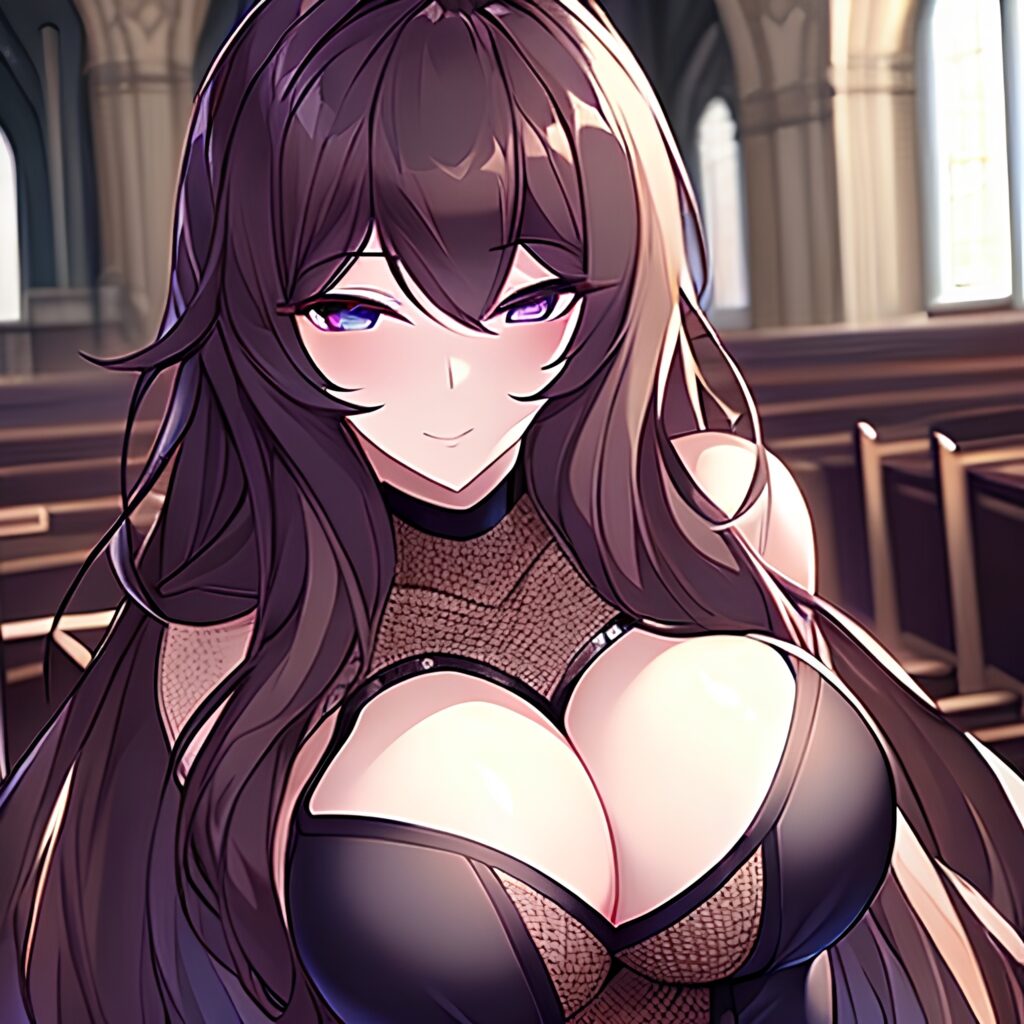 church messy hair long hair brunette woman fishnet 