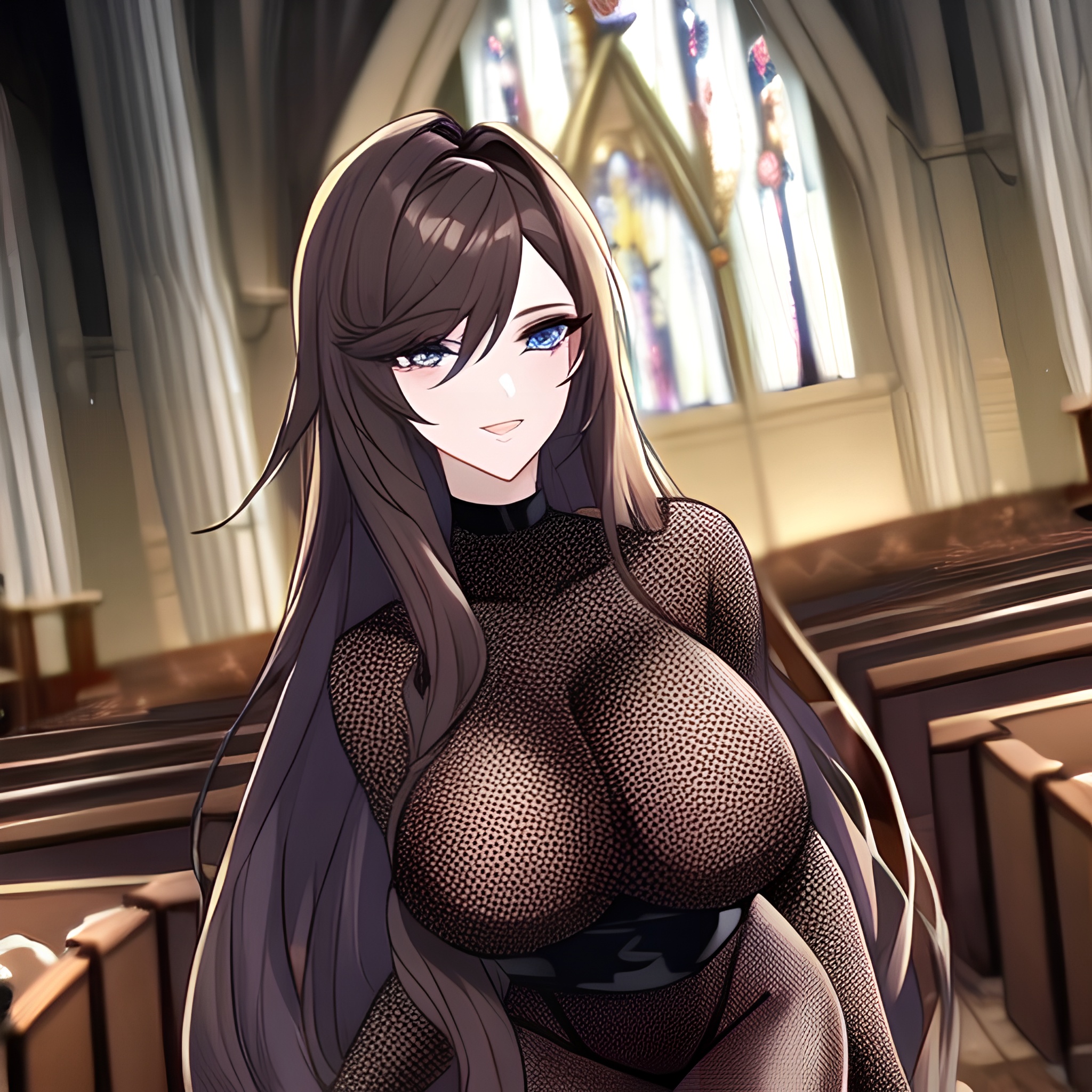 church messy hair long hair fishnet brunette woman 