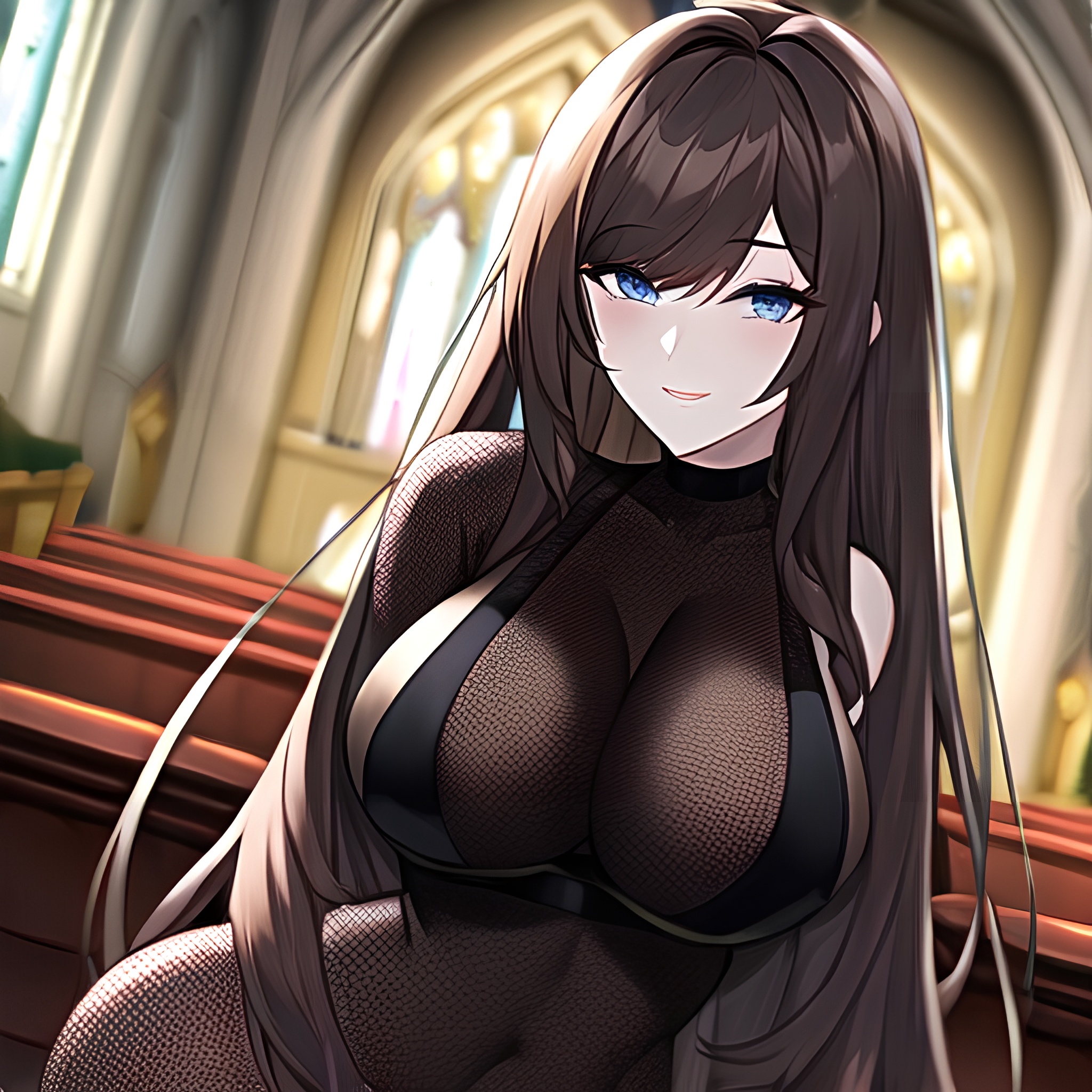 church messy hair long hair fishnet brunette woman