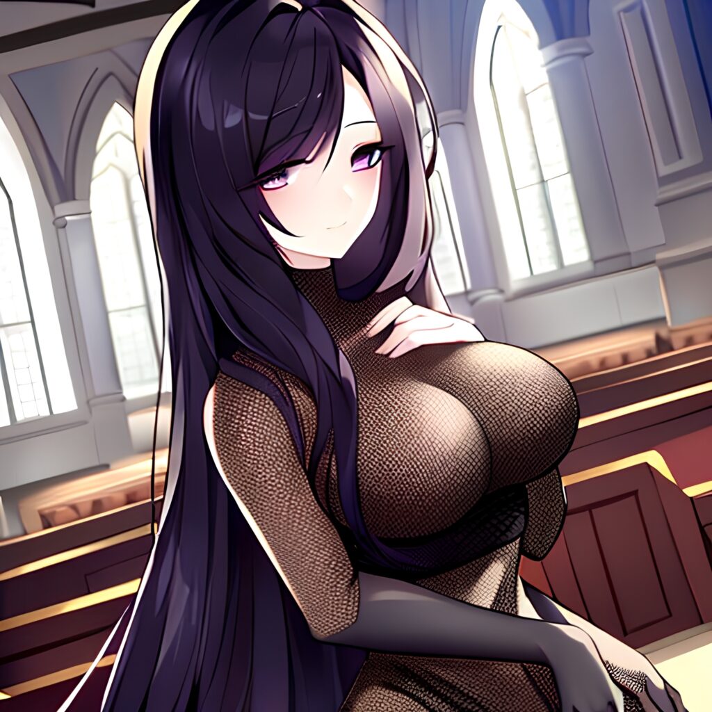 church messy hair long hair woman brunette fishnet
