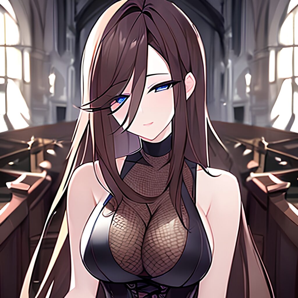 church messy hair long hair woman brunette fishnet 