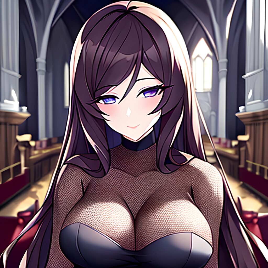church messy hair long hair woman brunette fishnet
