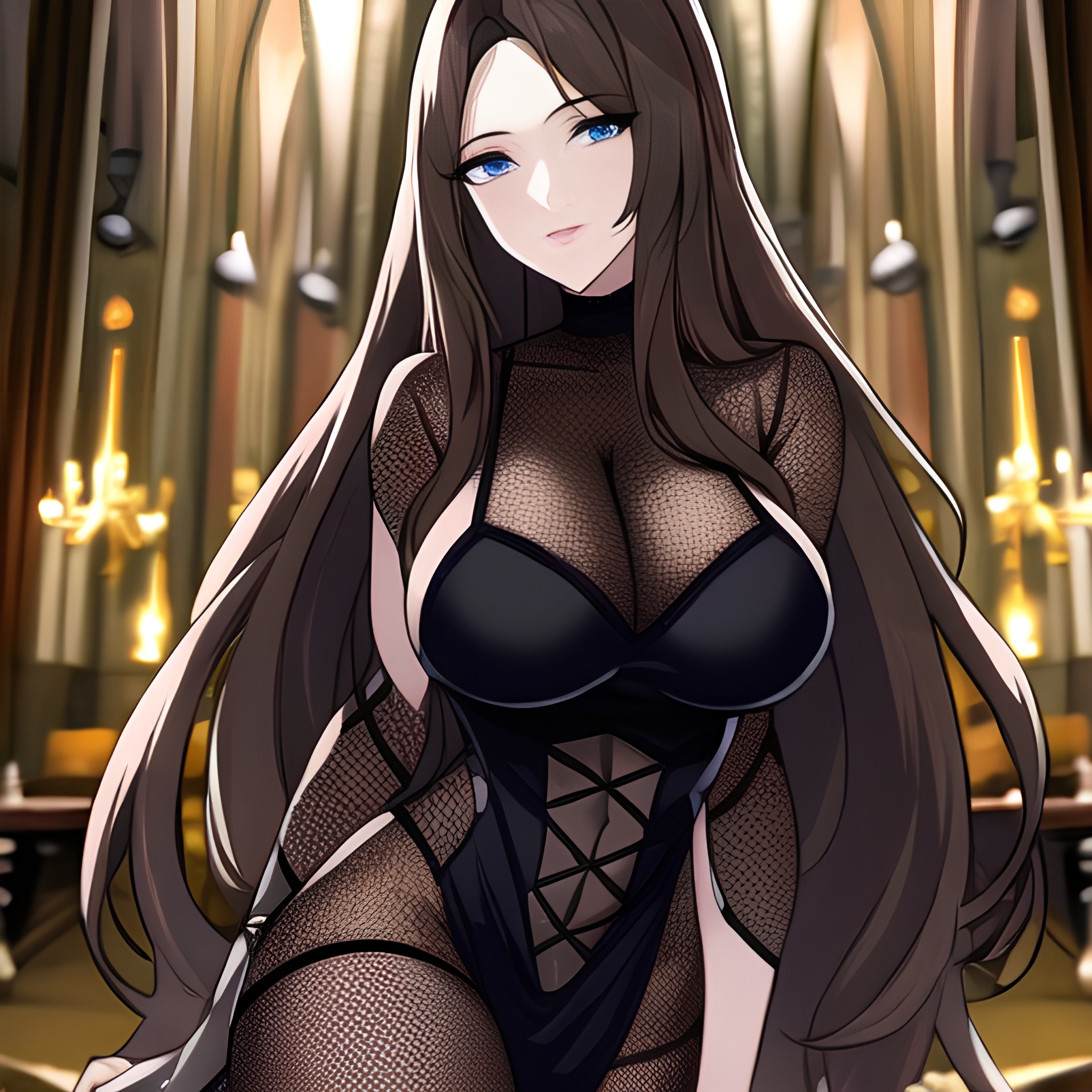 church messy hair woman brunette long hair fishnet 