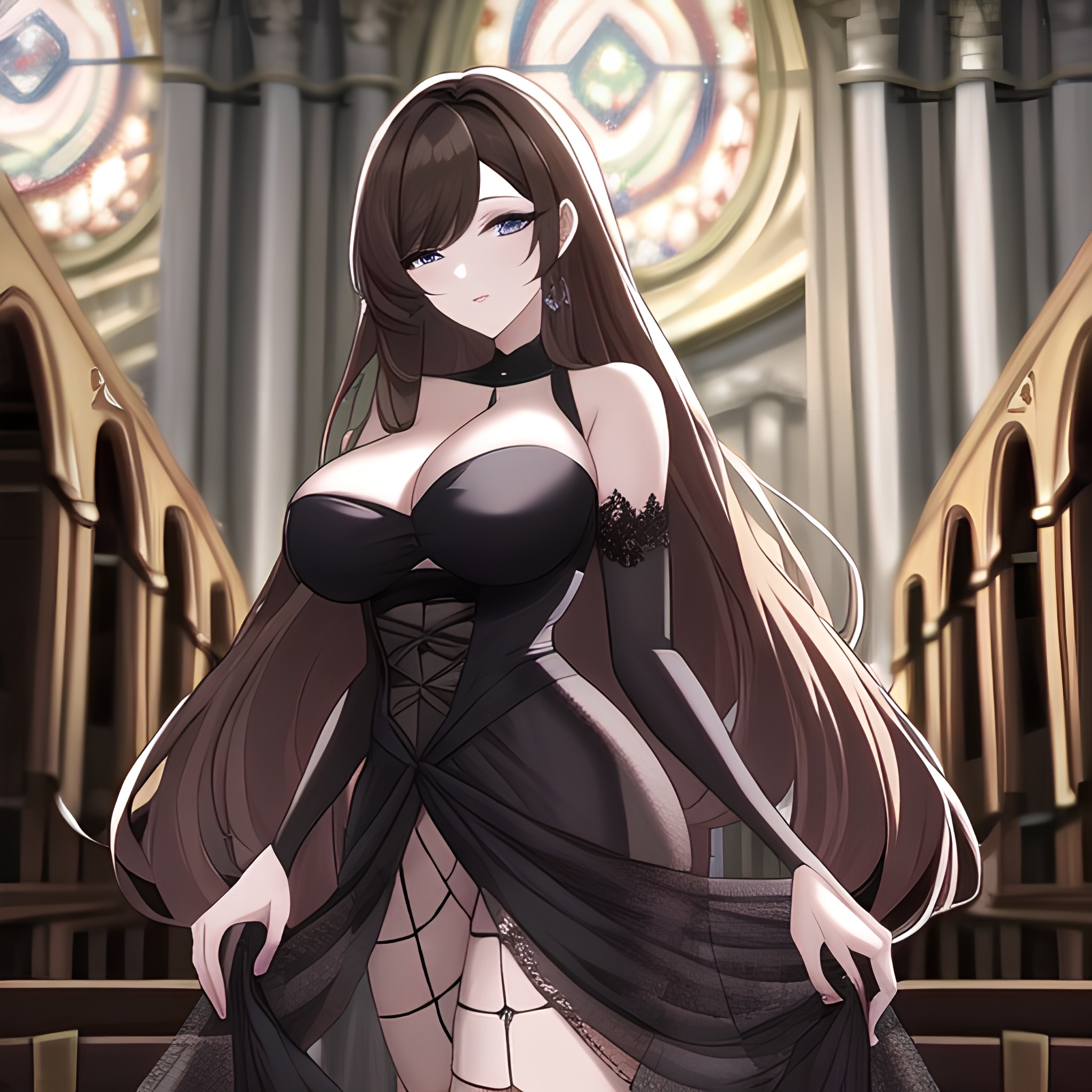 church messy hair woman brunette long hair fishnet 