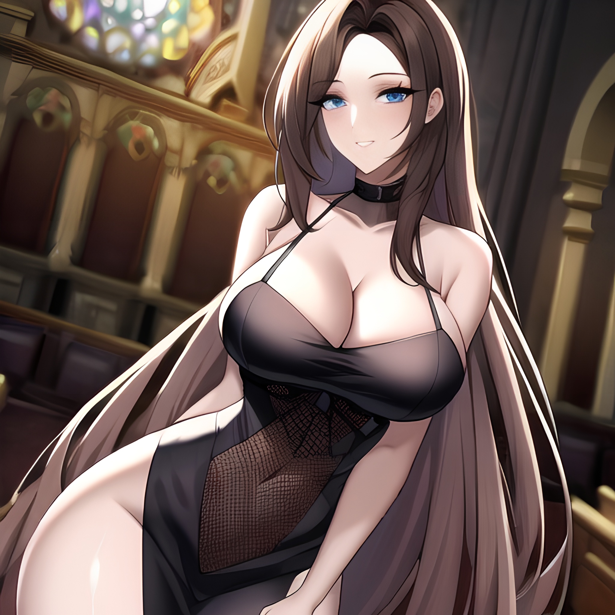 church messy hair woman brunette long hair fishnet 