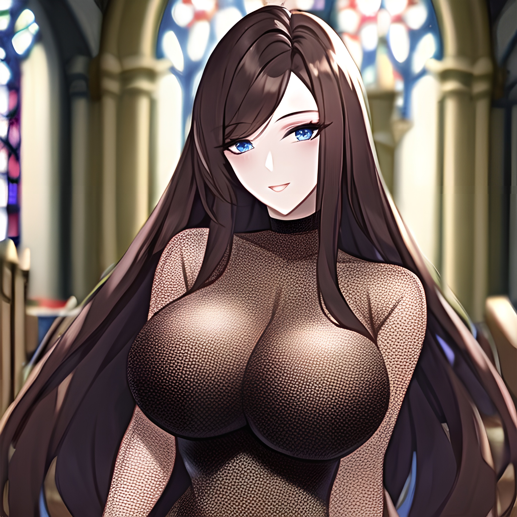 church messy hair woman brunette long hair fishnet 