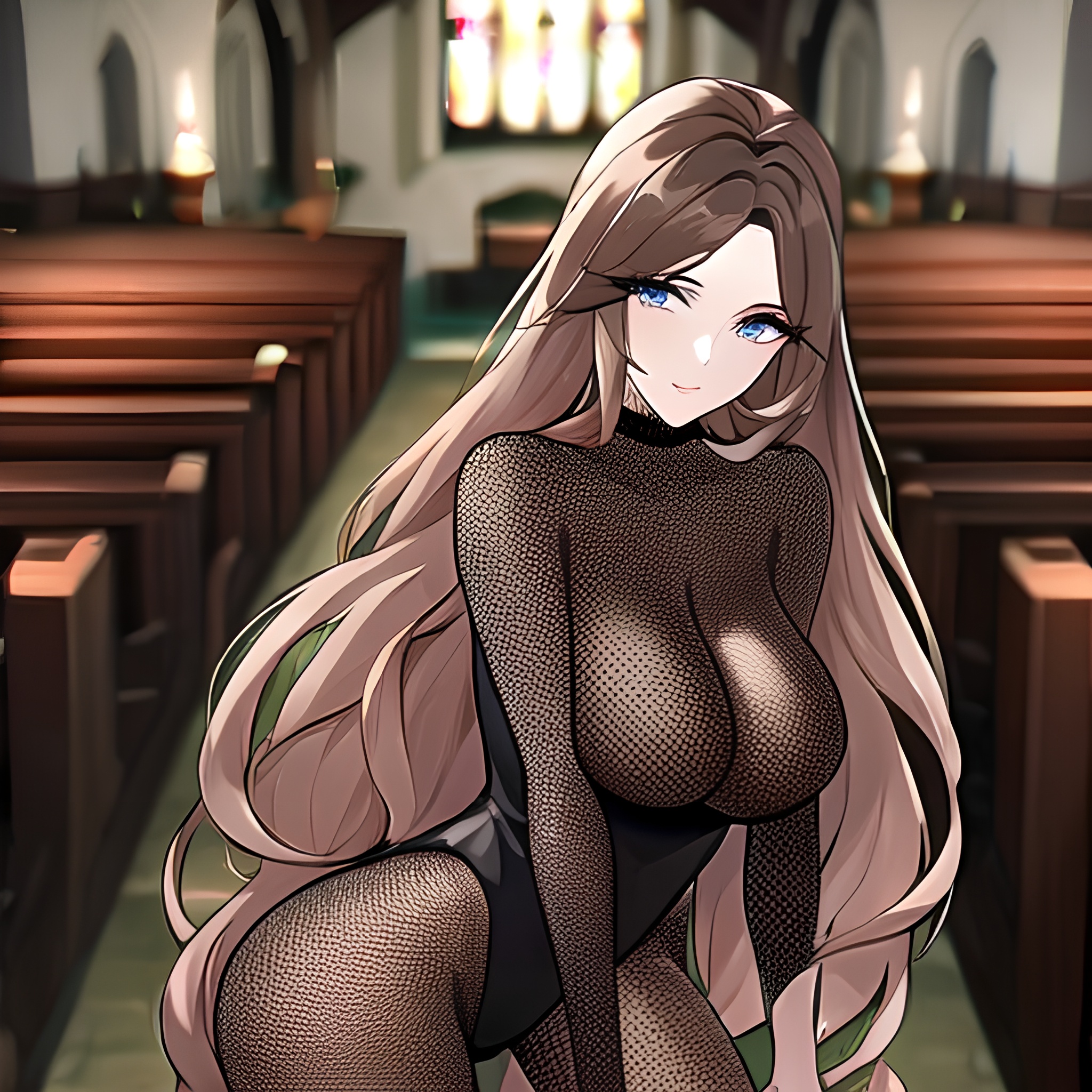 church messy hair woman long hair brunette fishnet 