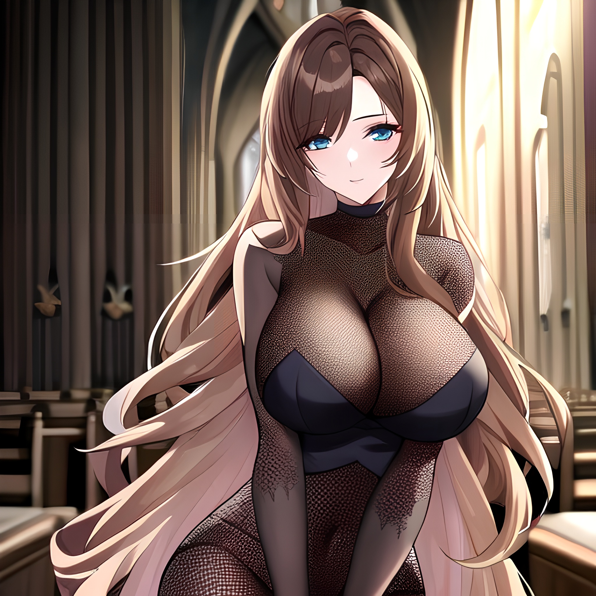 church messy hair woman long hair brunette fishnet 