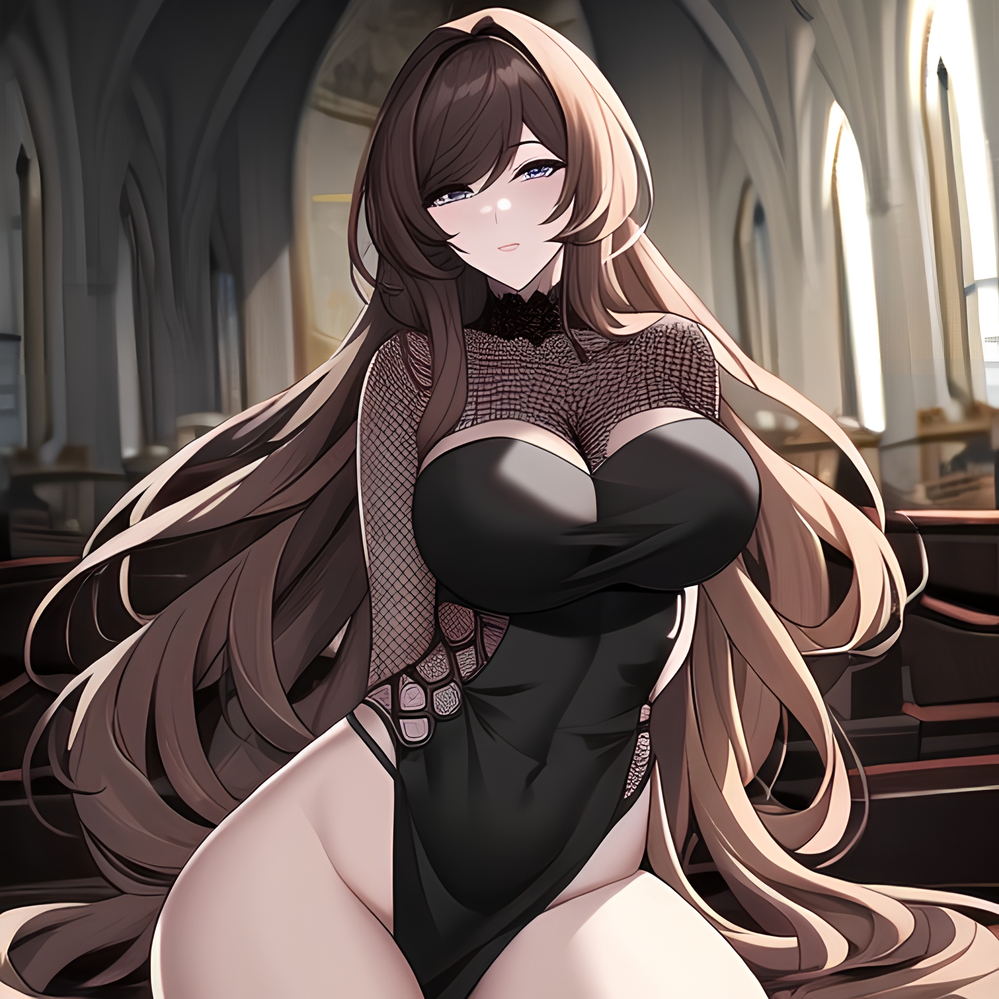 church messy hair woman long hair fishnet brunette 