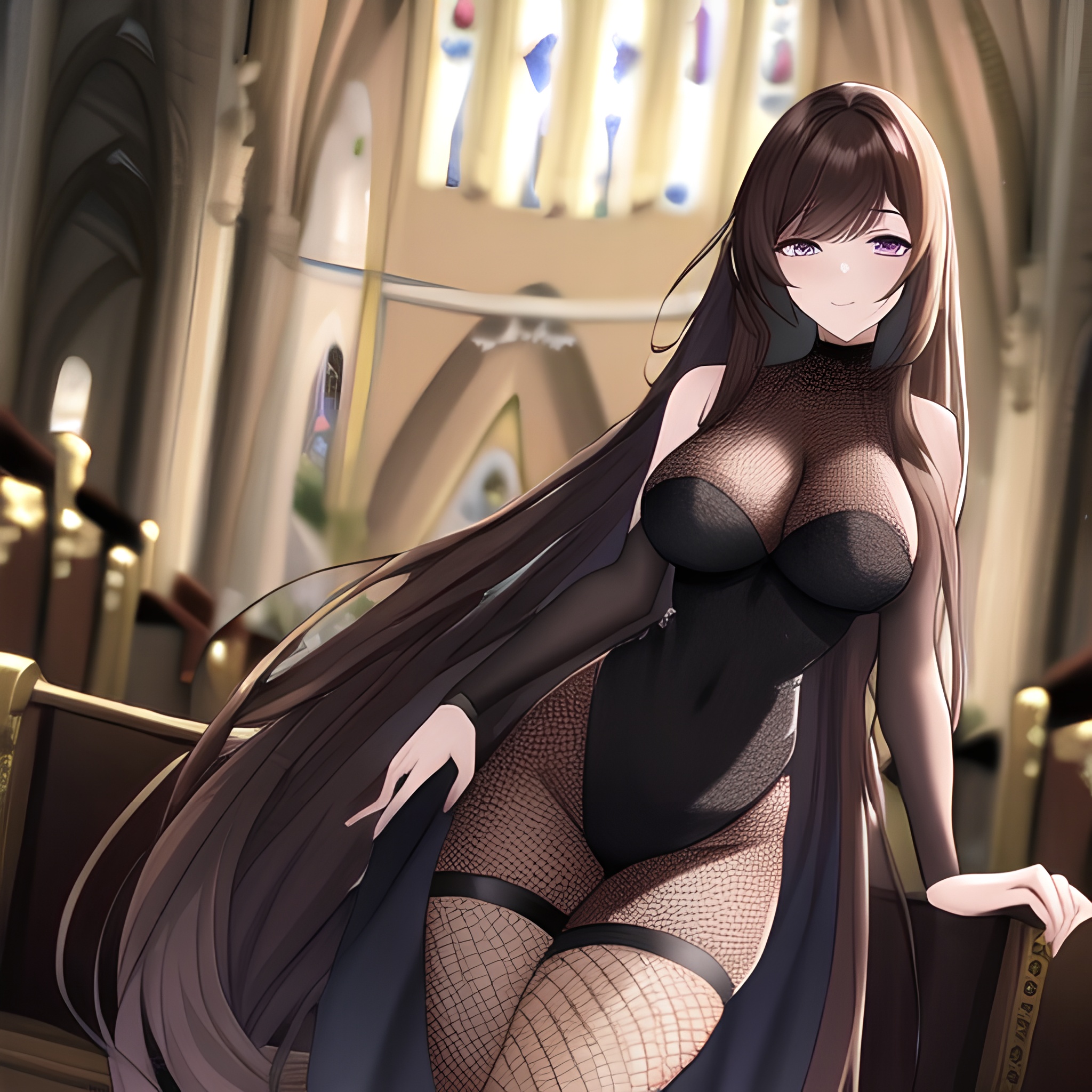 church messy hair woman long hair fishnet brunette 