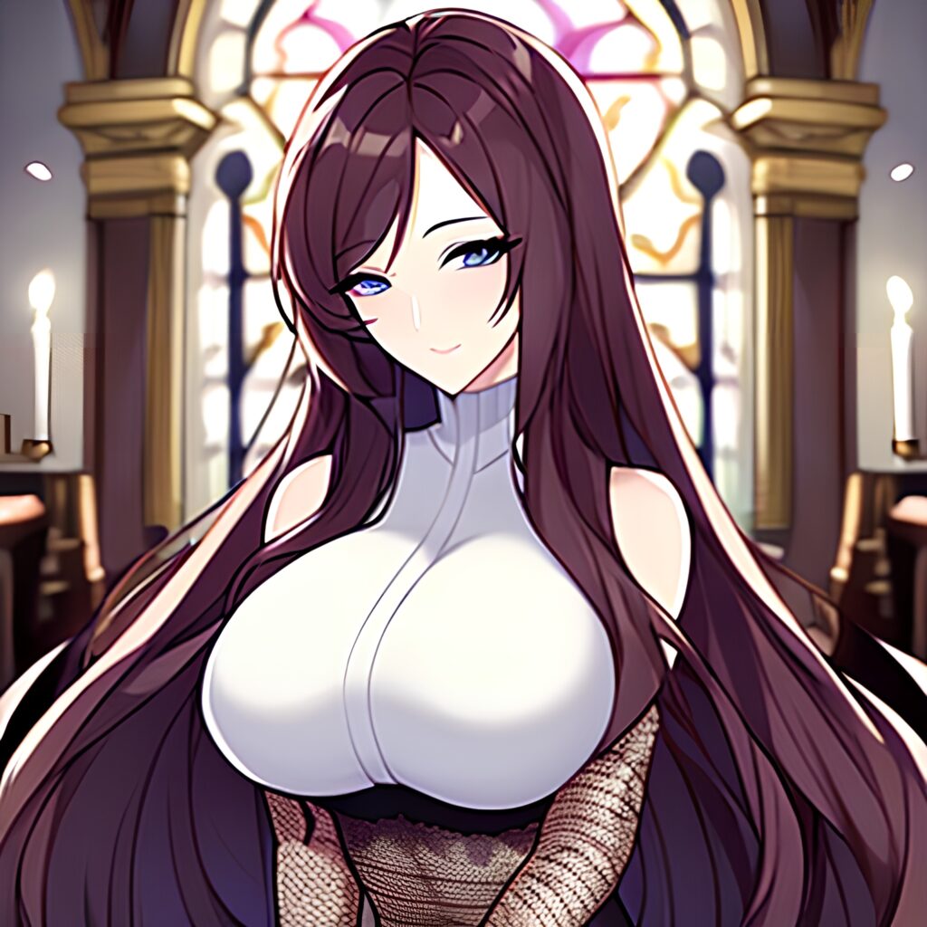 church woman brunette fishnet long hair messy hair 