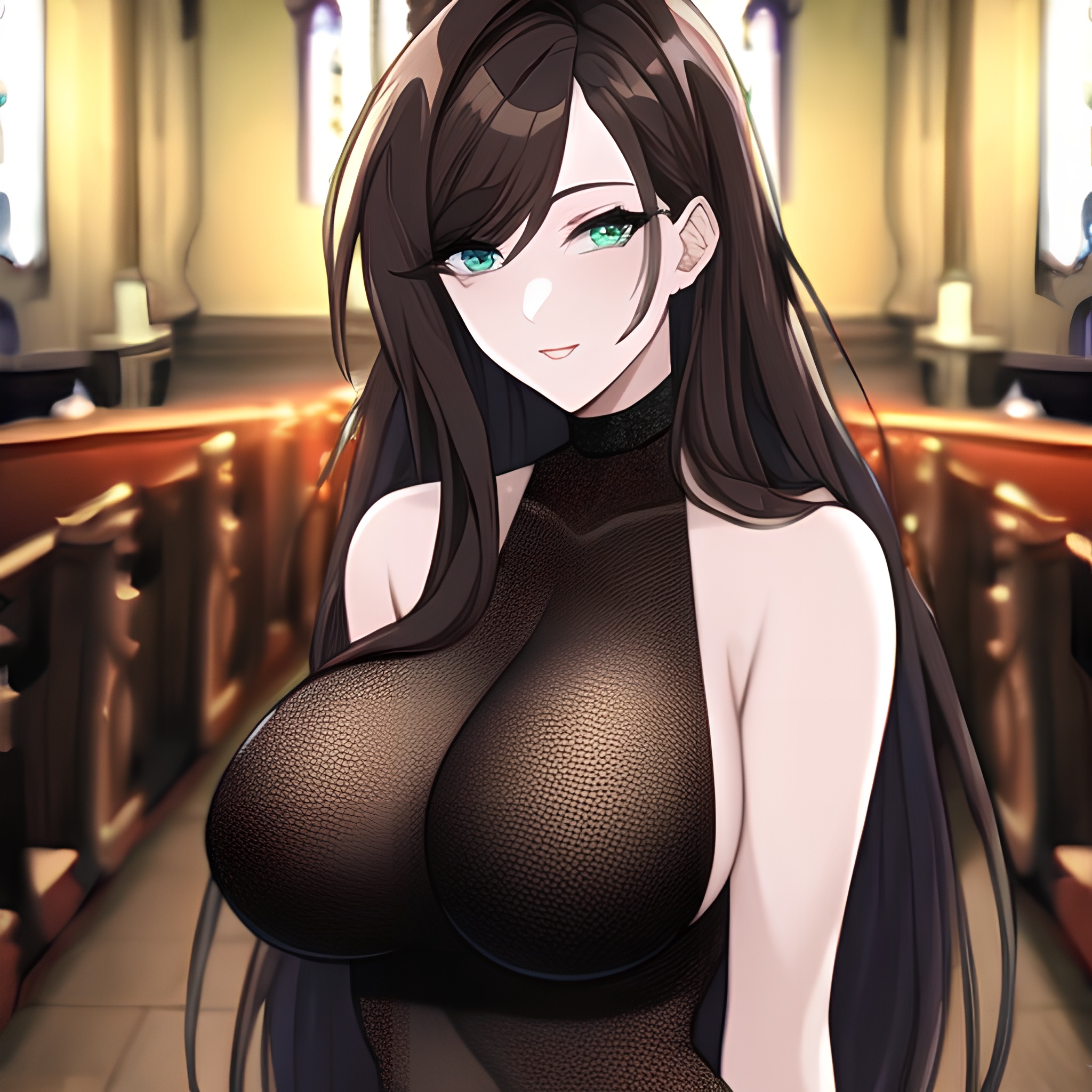 church woman brunette fishnet long hair messy hair 