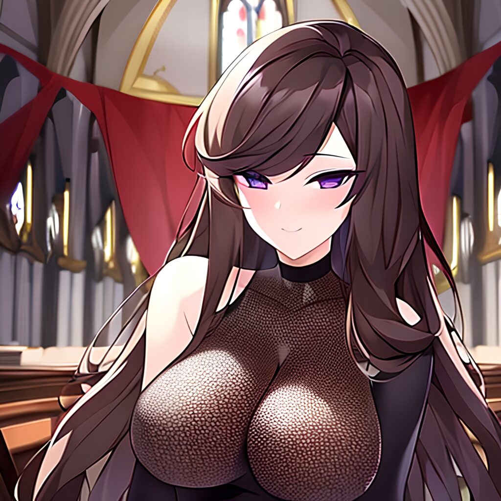 church woman brunette fishnet long hair messy hair 