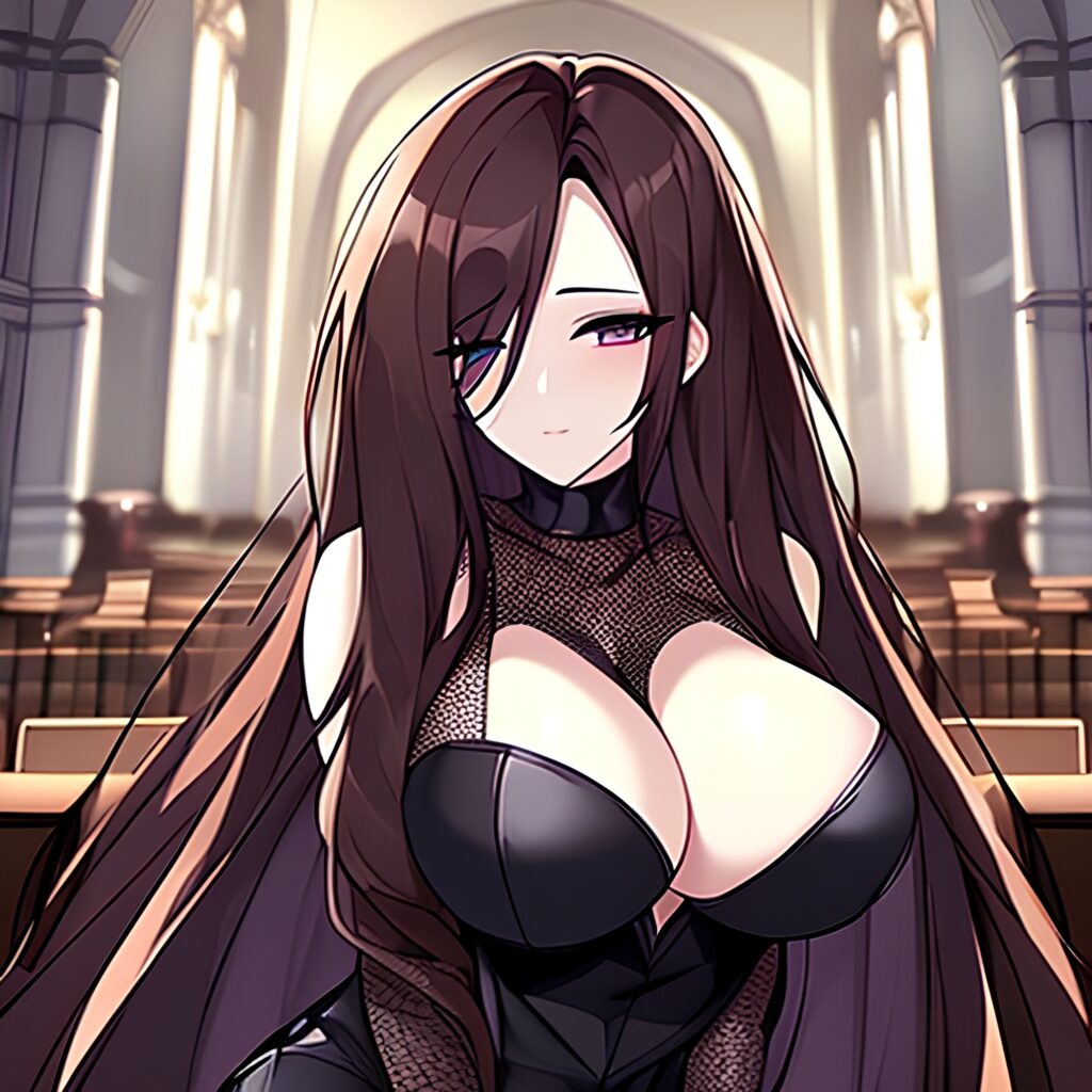 church woman brunette fishnet long hair messy hair