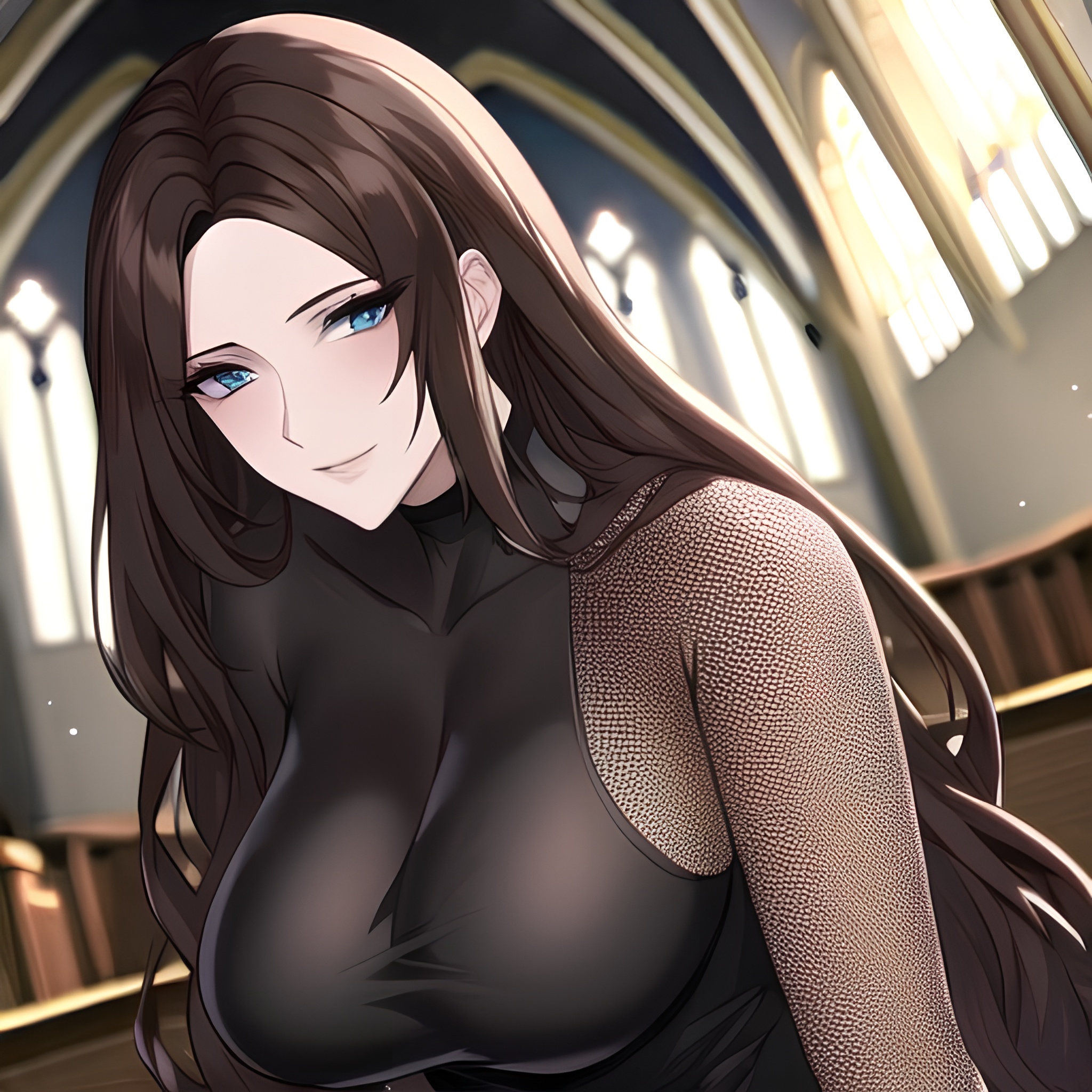 church woman brunette fishnet long hair messy hair 