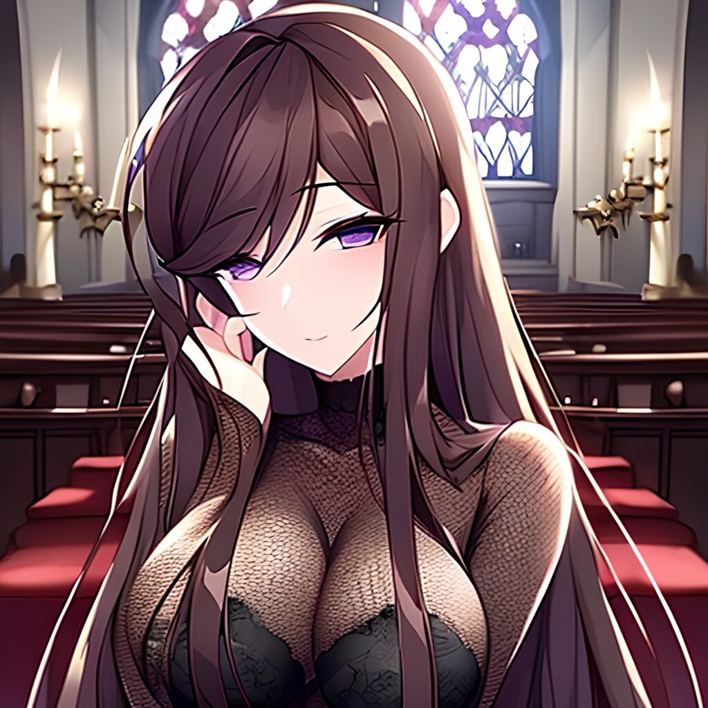 church woman brunette fishnet long hair messy hair 