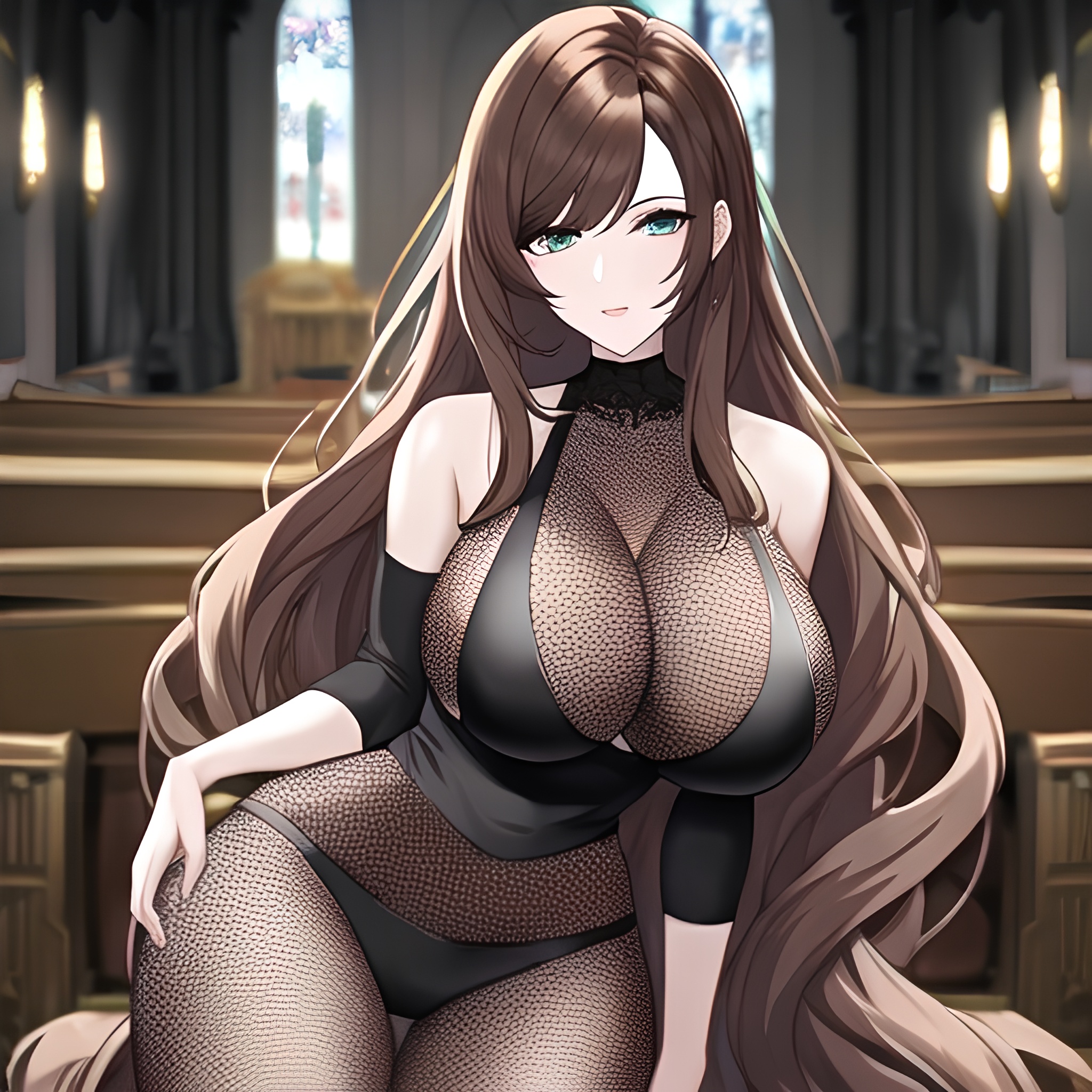 church woman brunette fishnet messy hair long hair