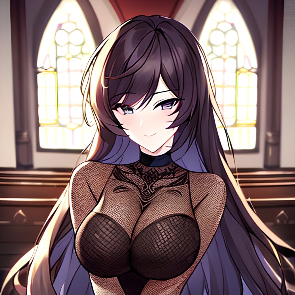 church woman brunette fishnet messy hair long hair
