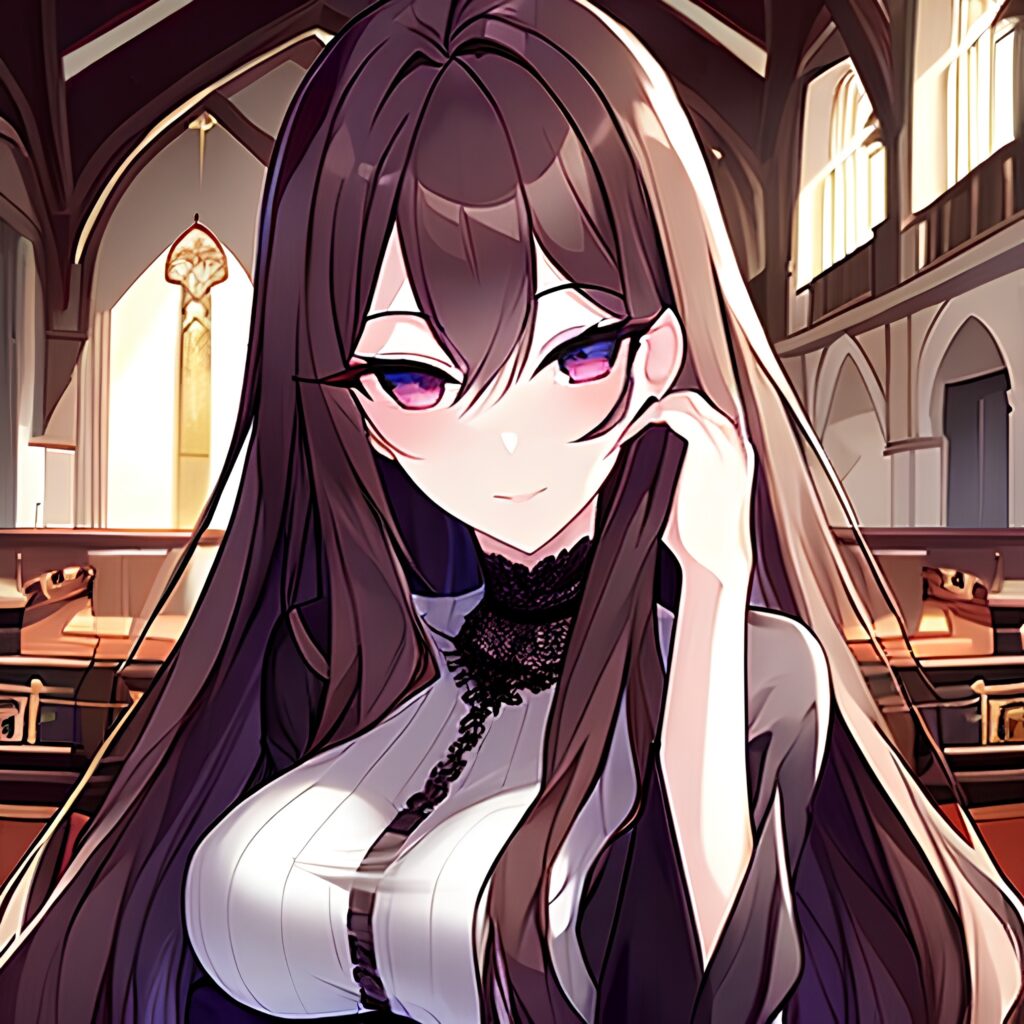 church woman brunette long hair fishnet messy hair