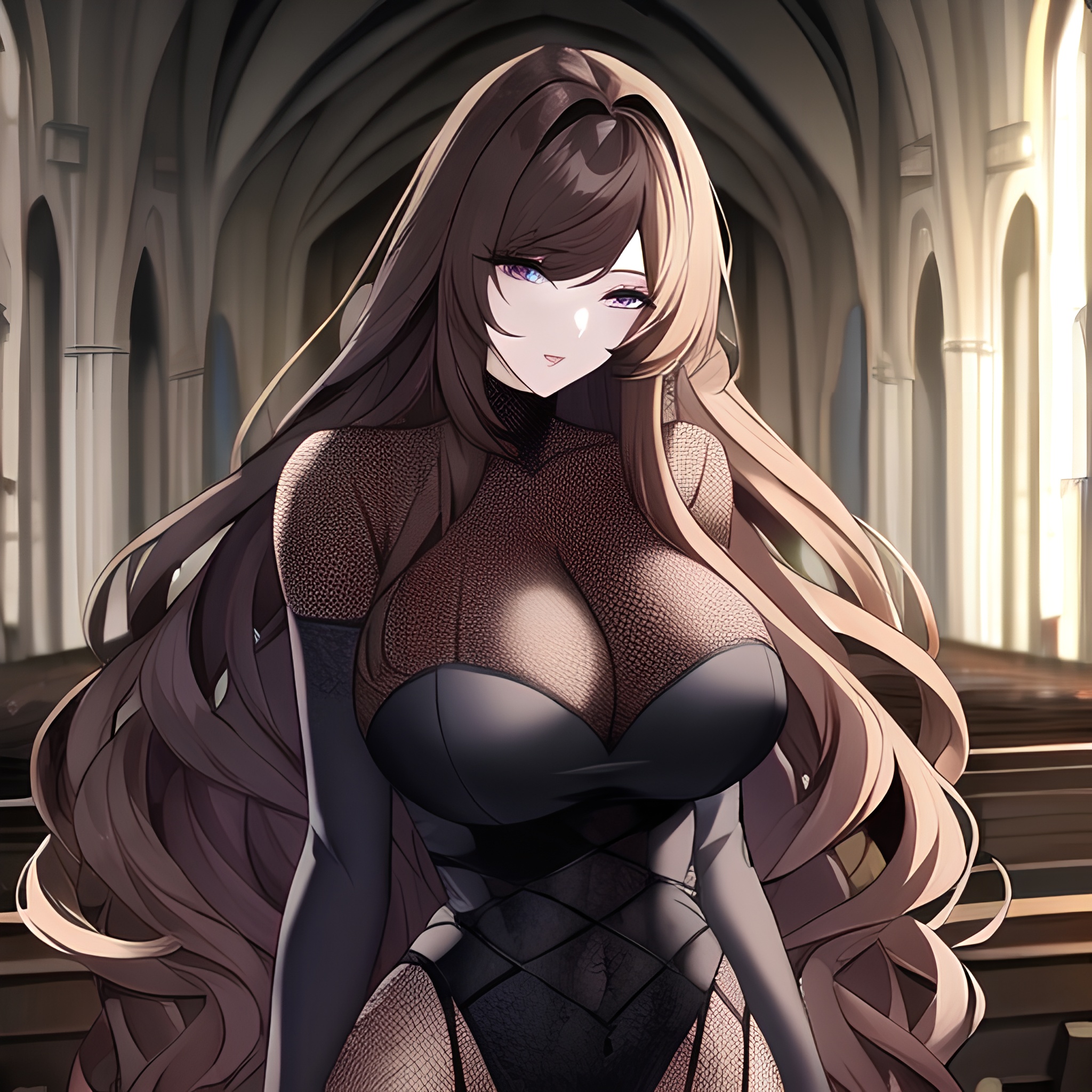 church woman brunette long hair fishnet messy hair 