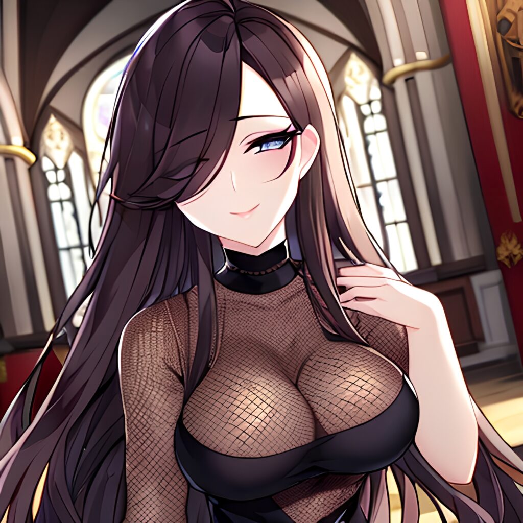 church woman brunette long hair fishnet messy hair 