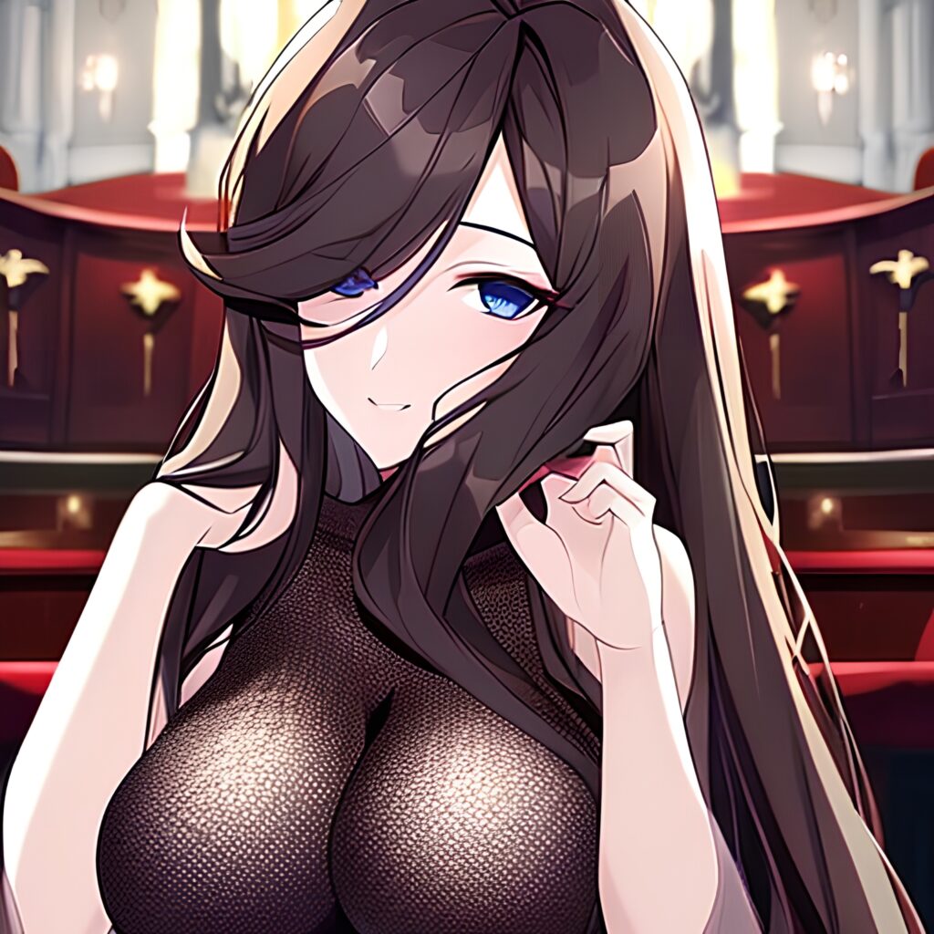 church woman brunette long hair fishnet messy hair 