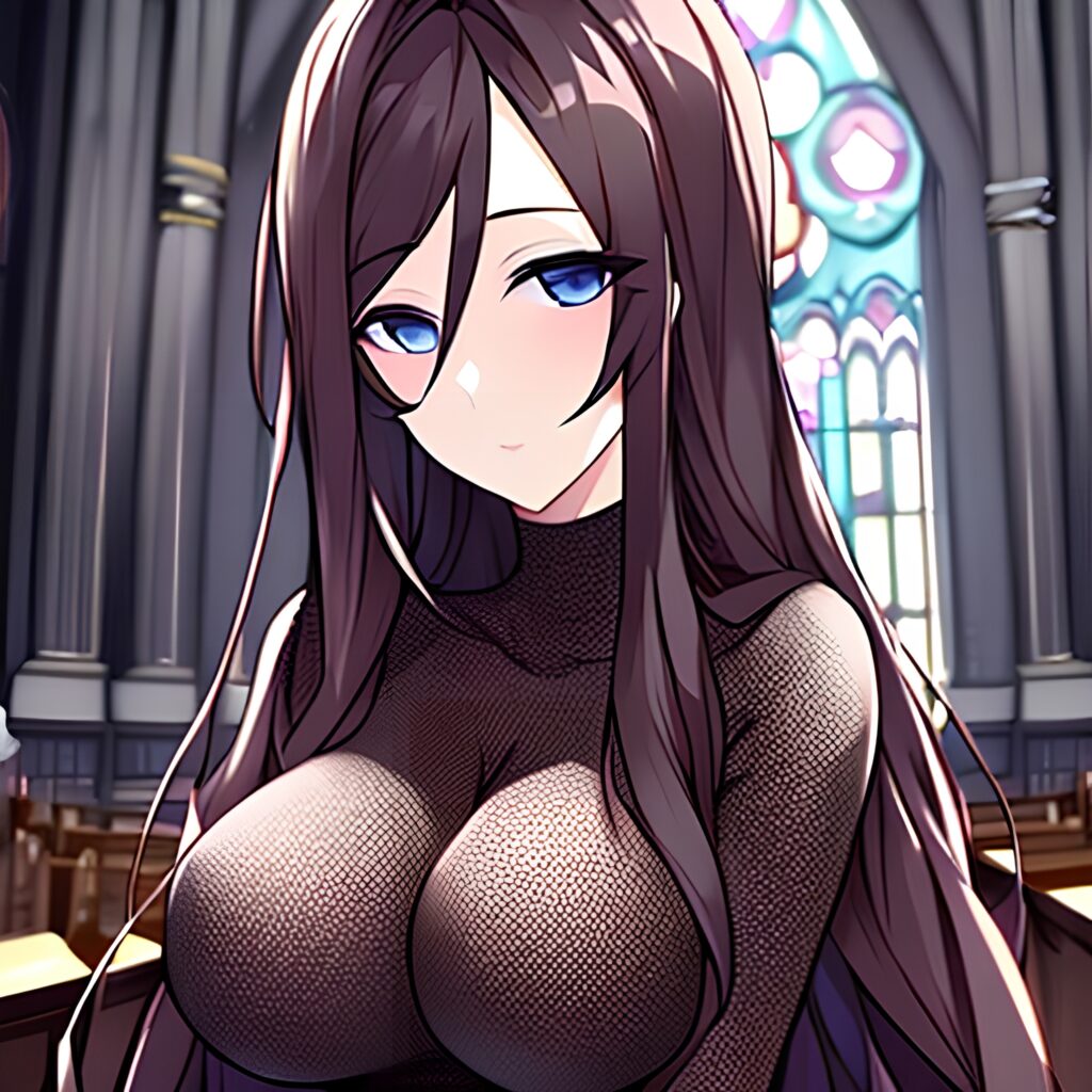 church woman brunette long hair fishnet messy hair