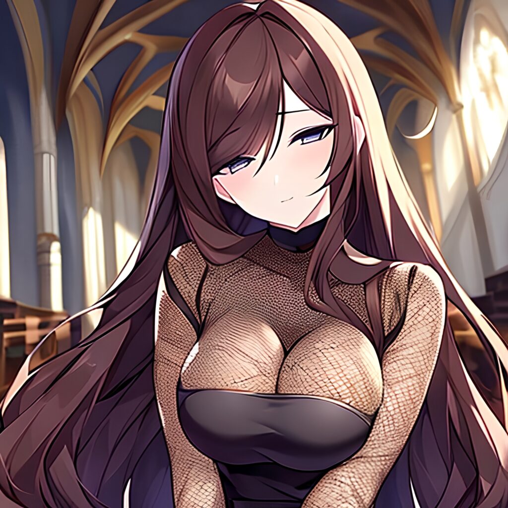 church woman brunette long hair messy hair fishnet