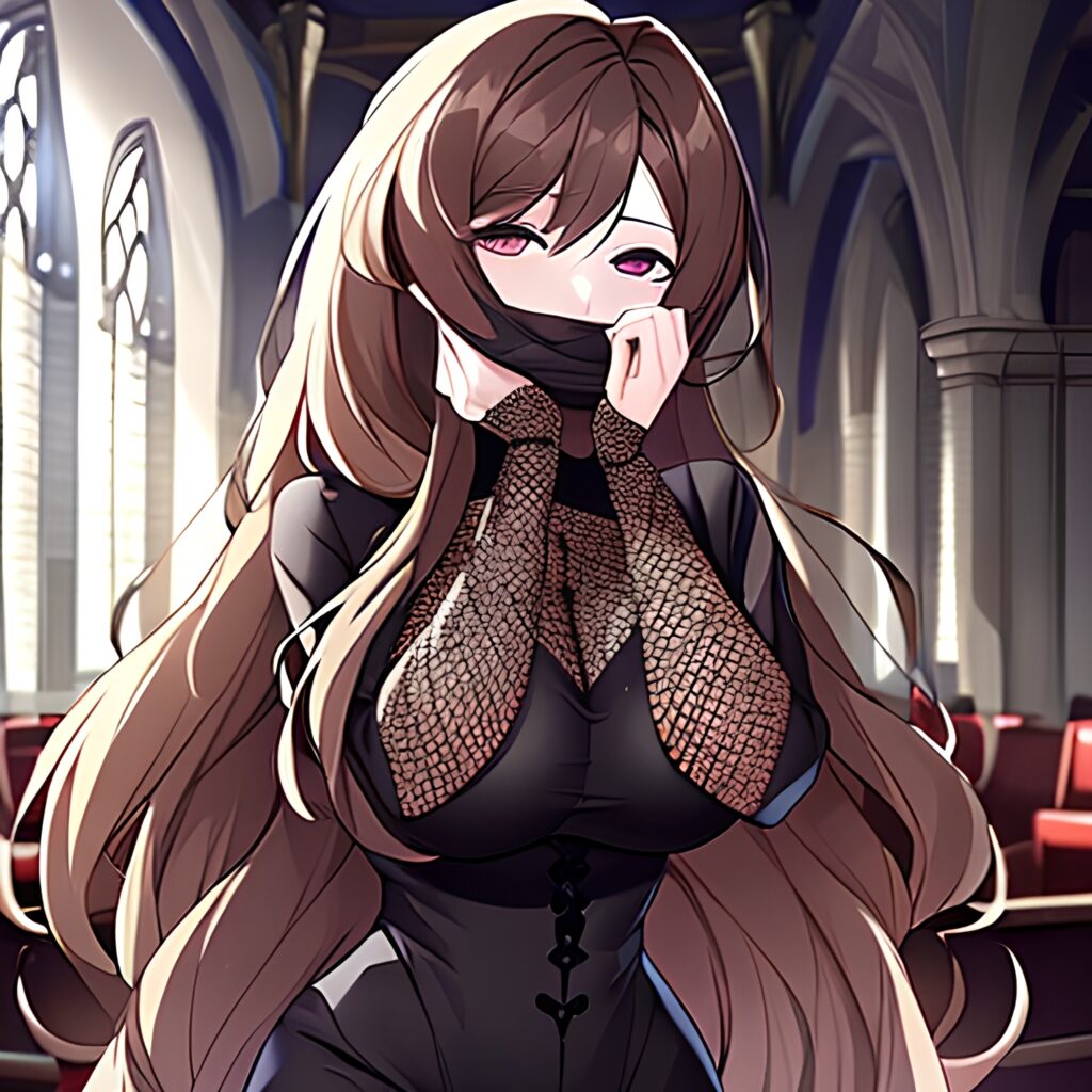 church woman brunette long hair messy hair fishnet 