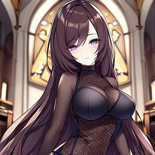 church woman brunette long hair messy hair fishnet 