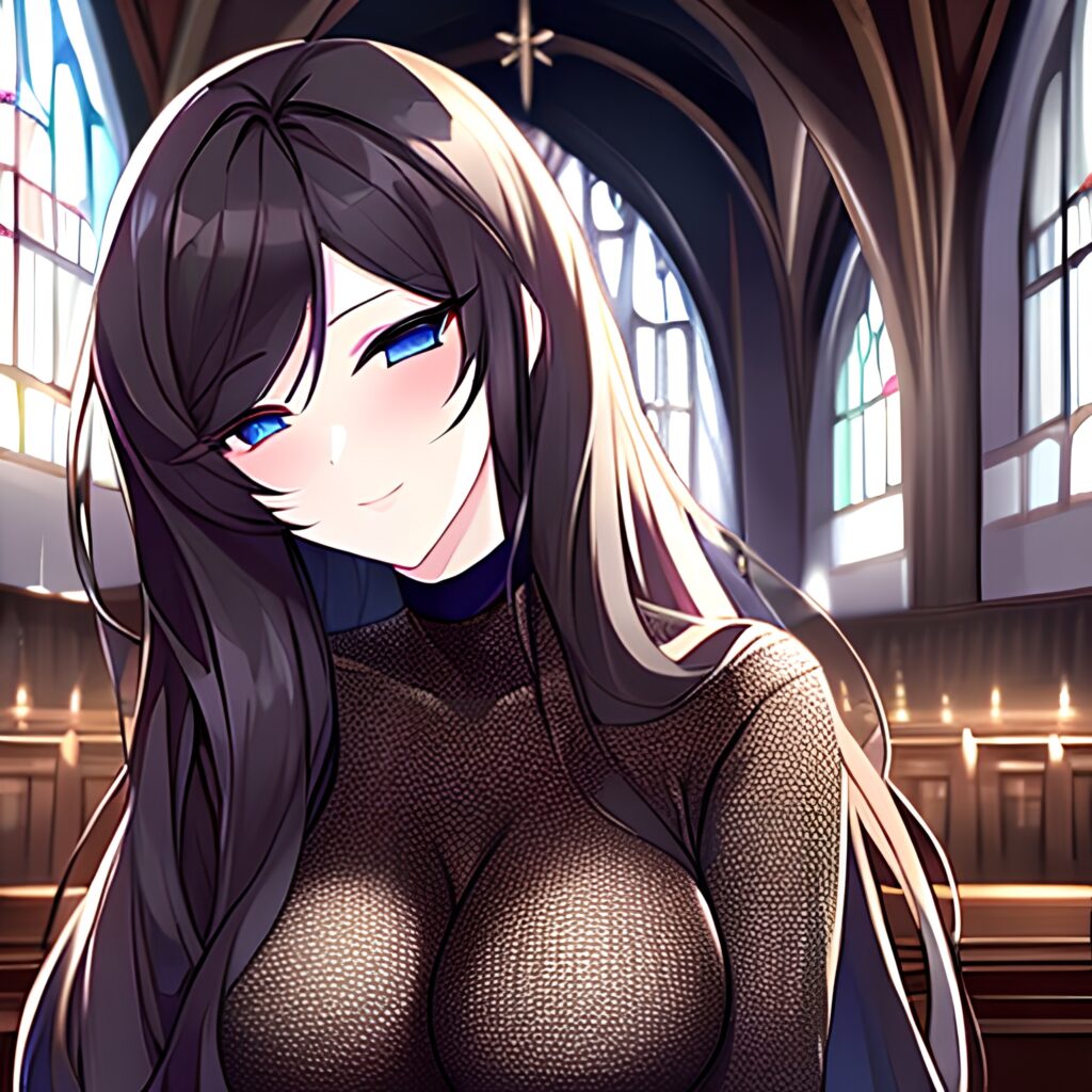 church woman brunette messy hair fishnet long hair
