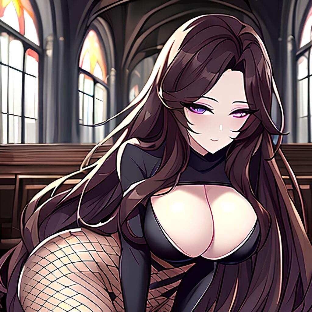 church woman brunette messy hair fishnet long hair