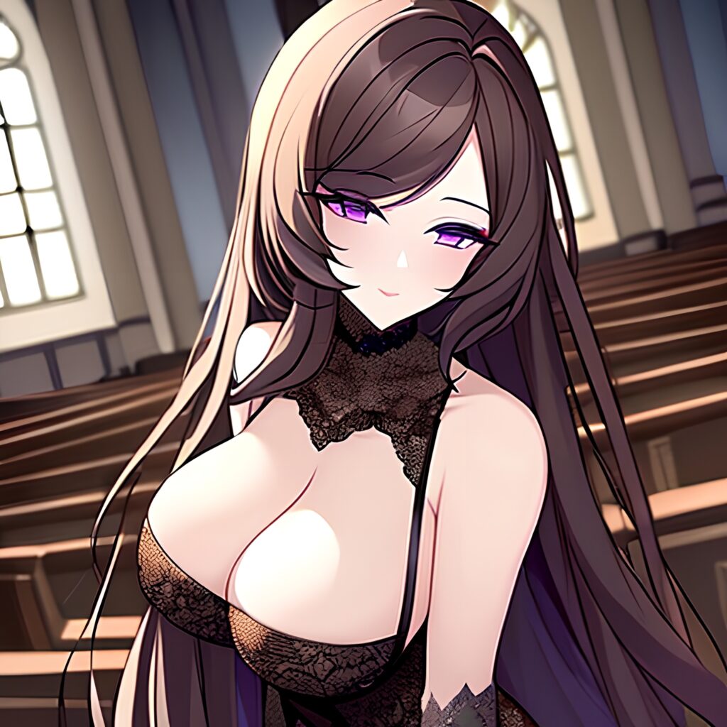church woman brunette messy hair fishnet long hair 