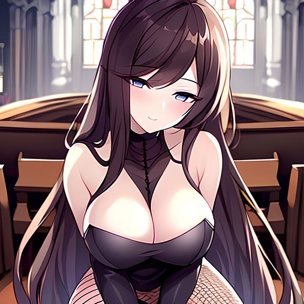 church woman brunette messy hair fishnet long hair