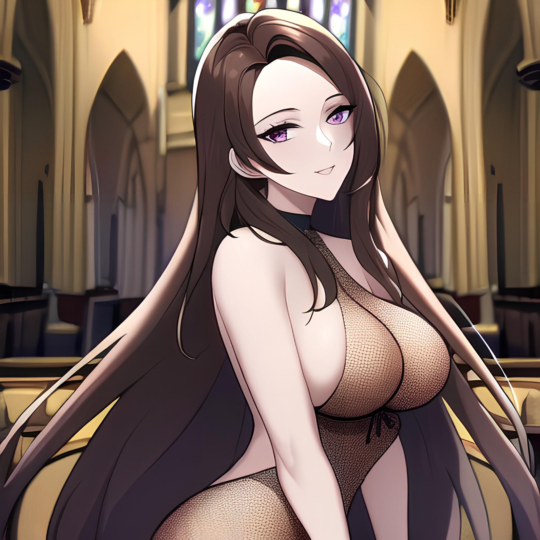 church woman brunette messy hair fishnet long hair 