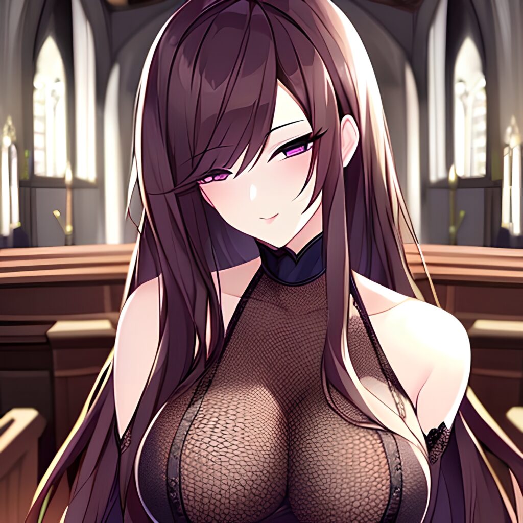 church woman fishnet brunette long hair messy hair 