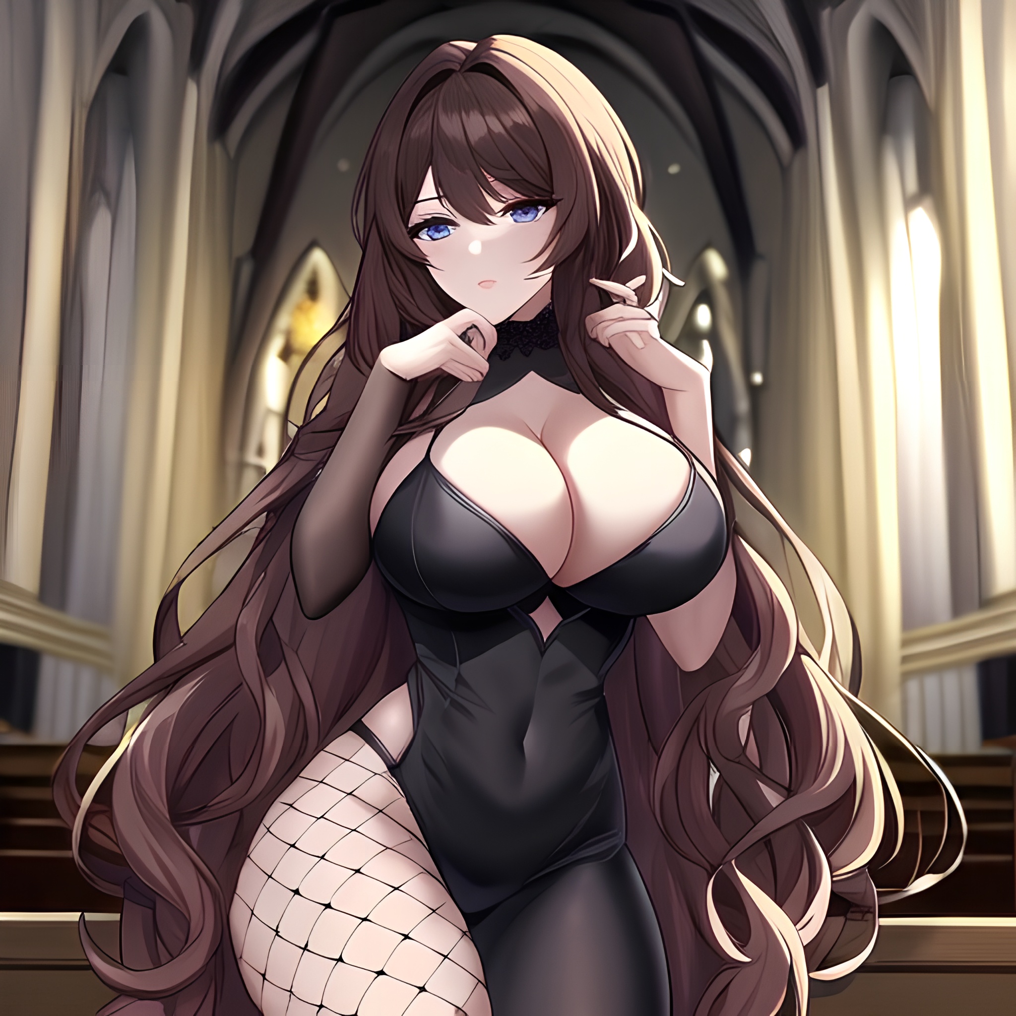 church woman fishnet brunette long hair messy hair 