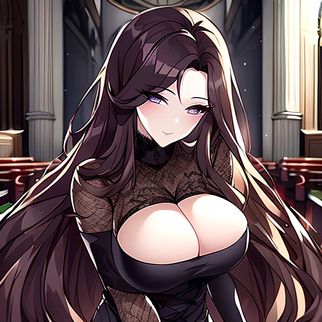 church woman fishnet brunette long hair messy hair