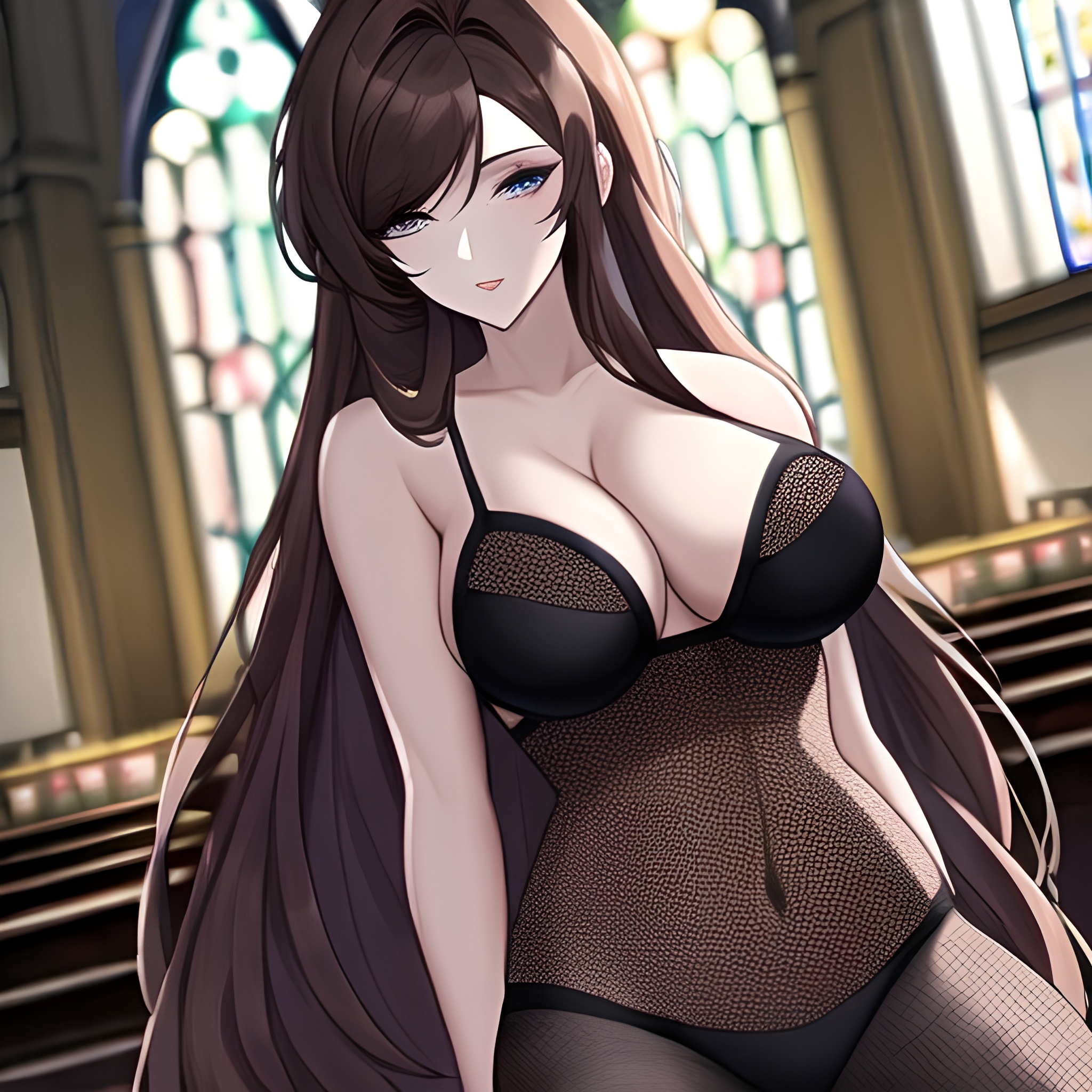church woman fishnet brunette long hair messy hair 