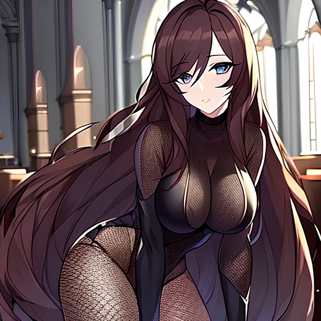 church woman fishnet brunette long hair messy hair